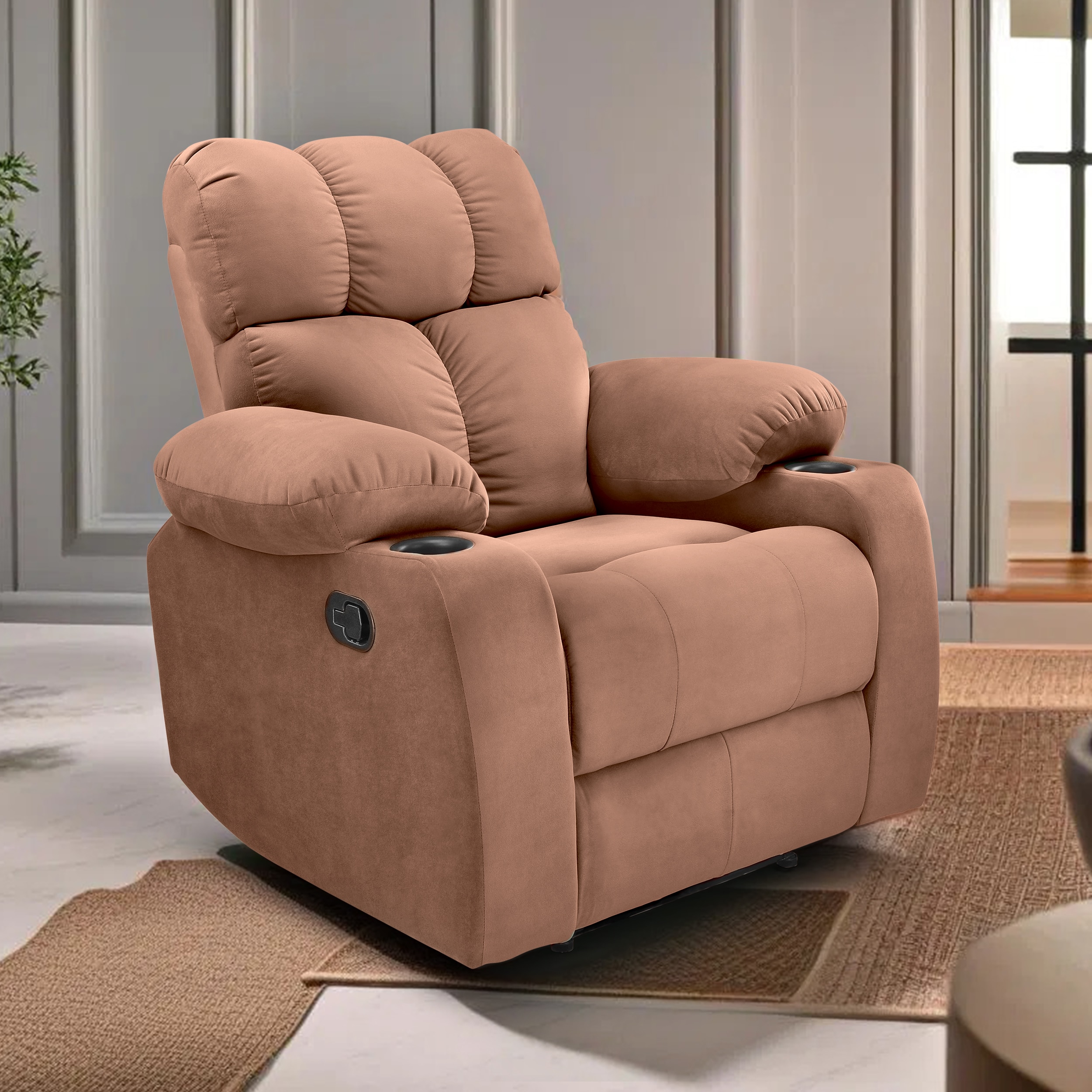 Helios One Seater Fabric Manual Recliner with Cup Holder in Brown Colour