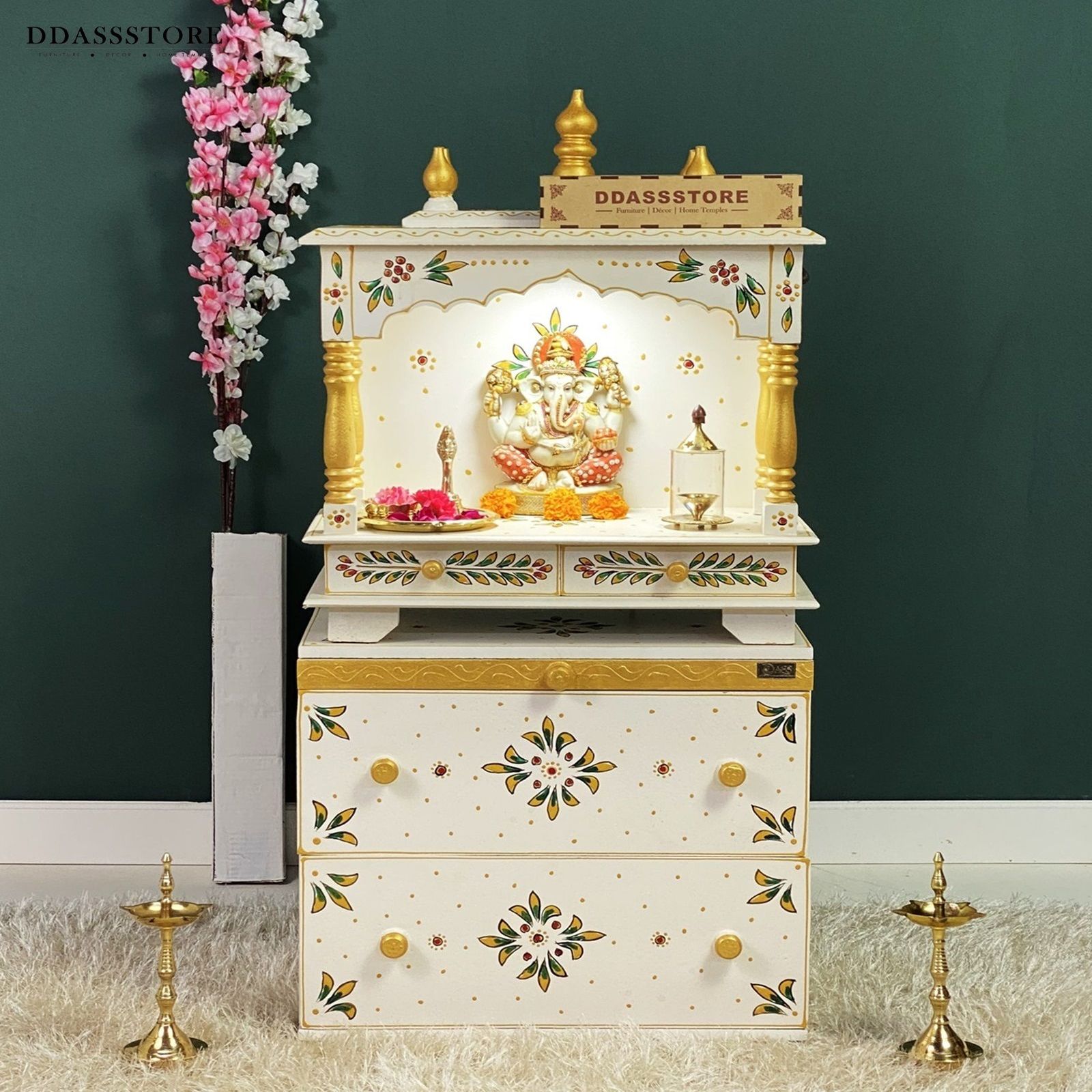 D'Dass Multi Color Mdf and Sheesham Wooden Temple With Cabinet For Pooja