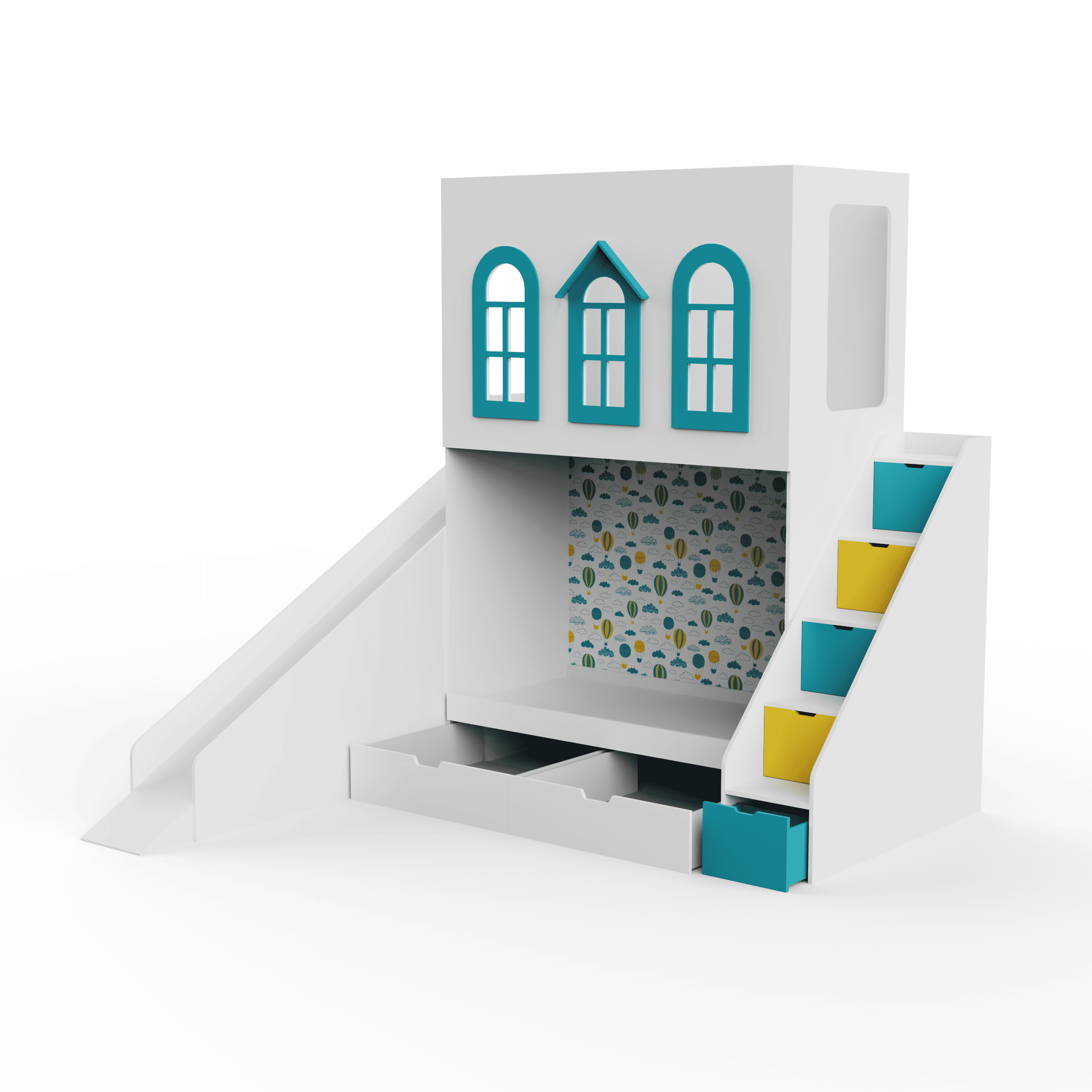 Castle Play House Bunk Bed With Slide 6X4 (Manual Box Storage) In White Colour