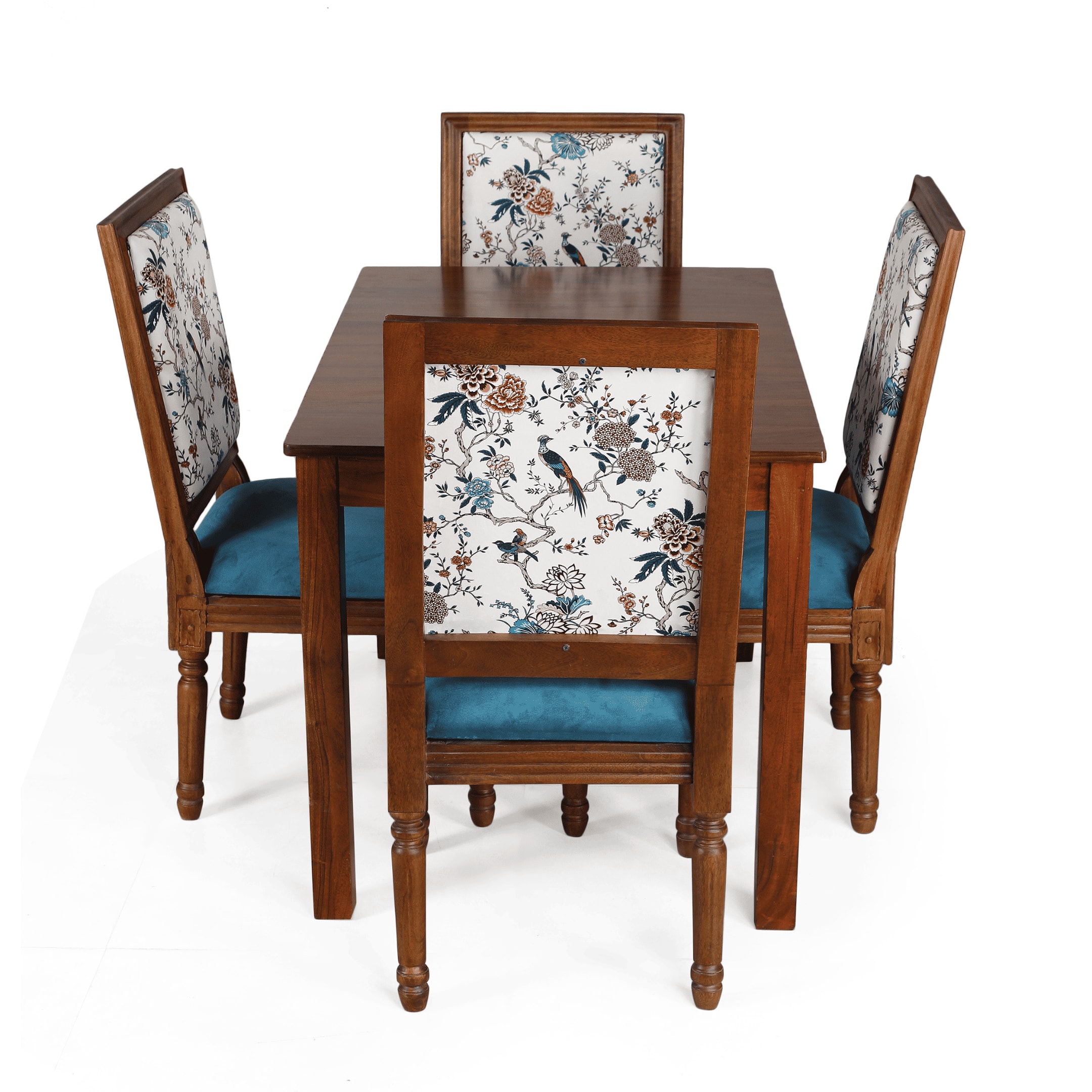 Globally Indian Sheesham Wood 4 Seater Dining Table Set With 4 Solid Wood Upholstered Chairs –  In Blue Color