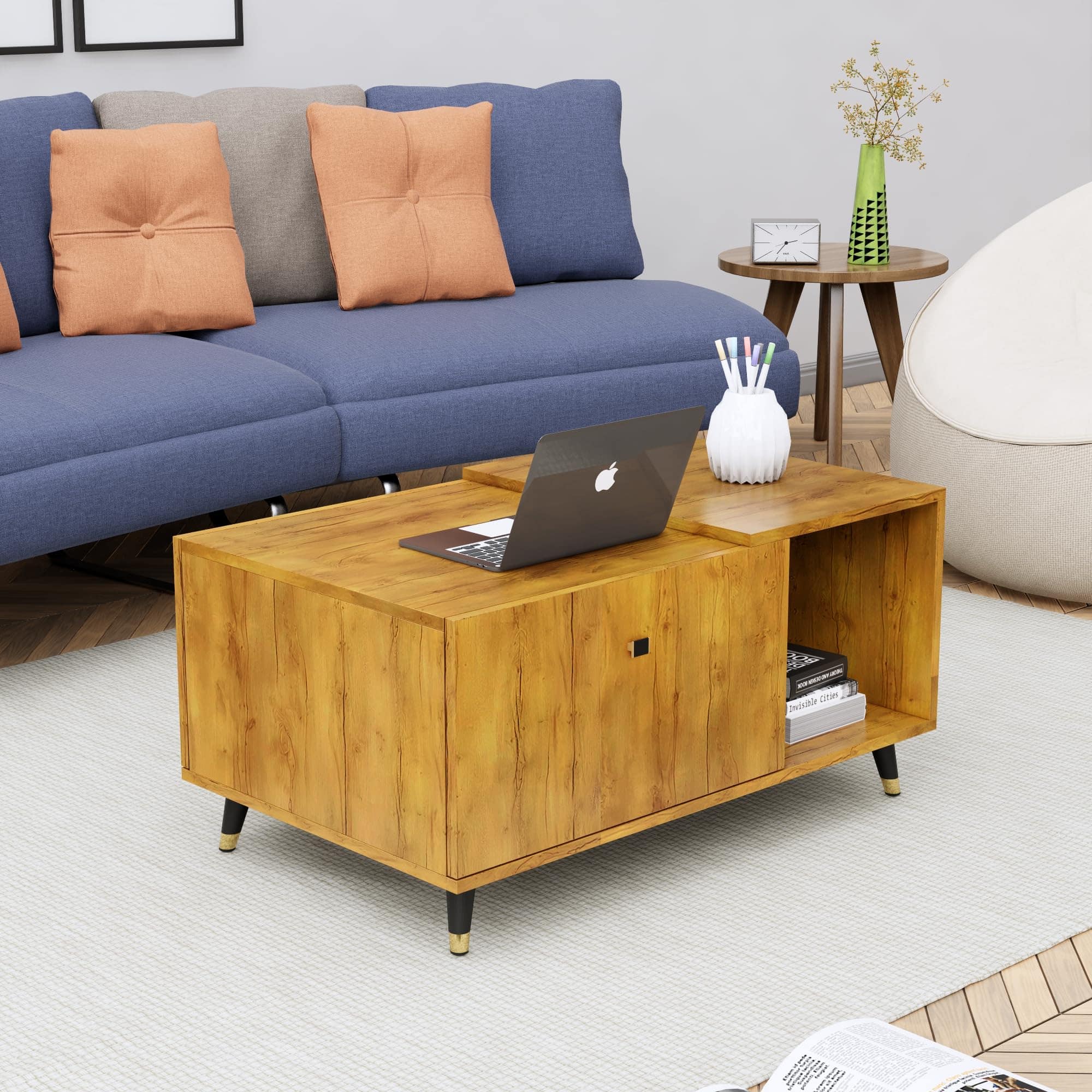 Hexa Engineered Wood Center Table With Storage And Open Rack In Giant Wood - HexaRed