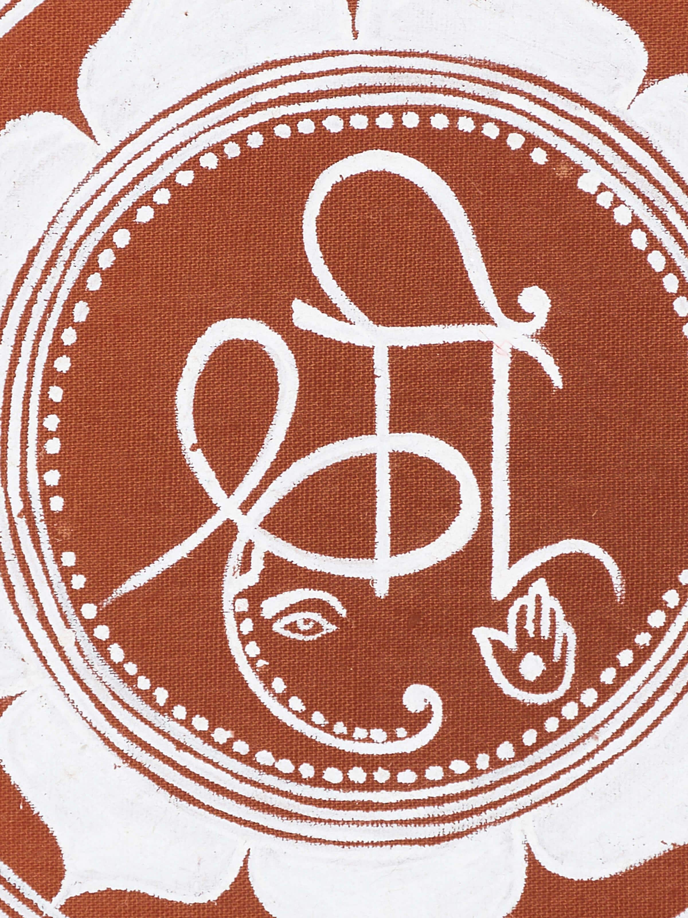 Angled view of Aipan shree painting highlighting the detailed artwork and vibrant colors