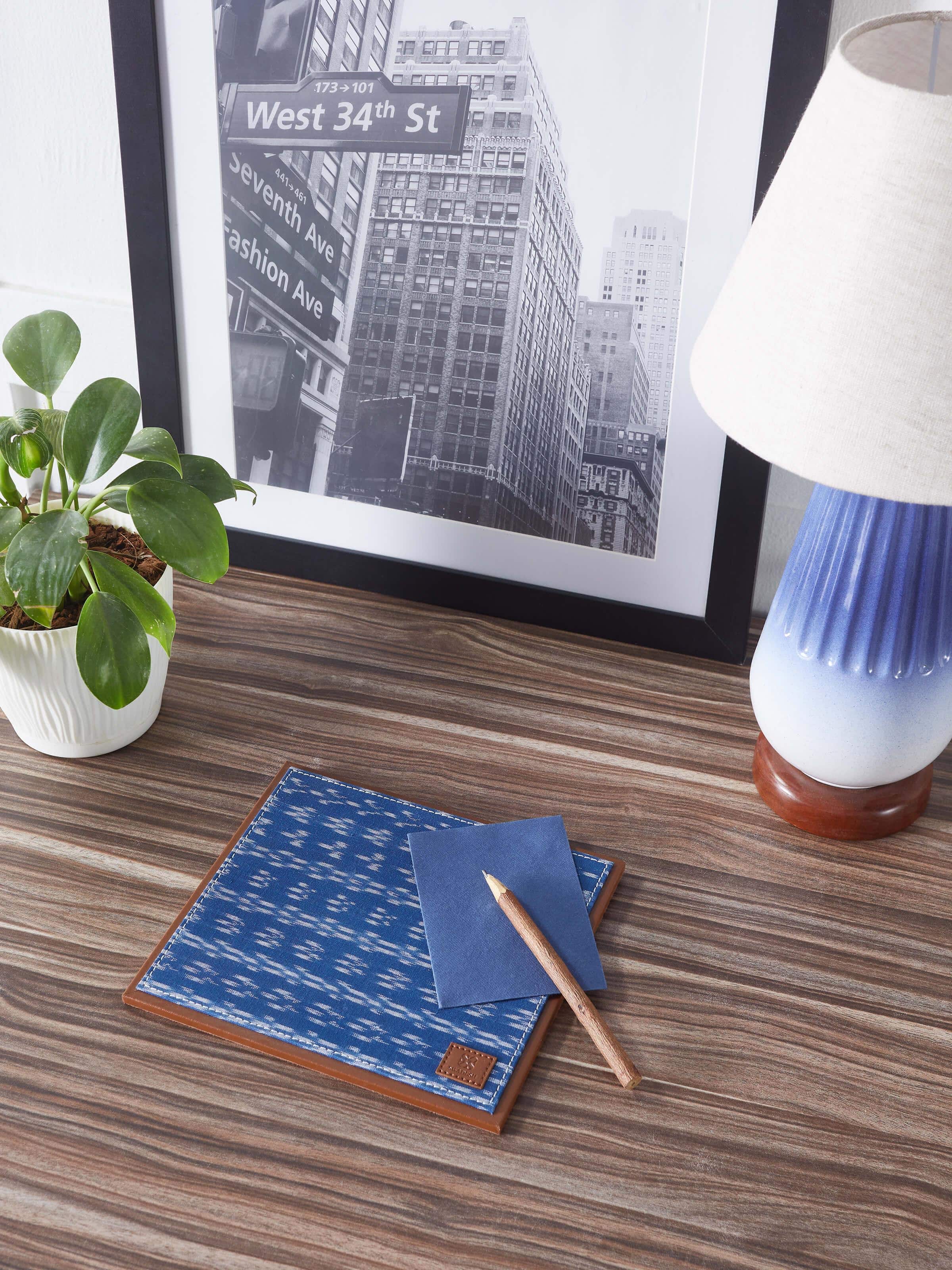 Side view of Leather Mousepad Blue, showcasing the rich texture and premium quality leather design.