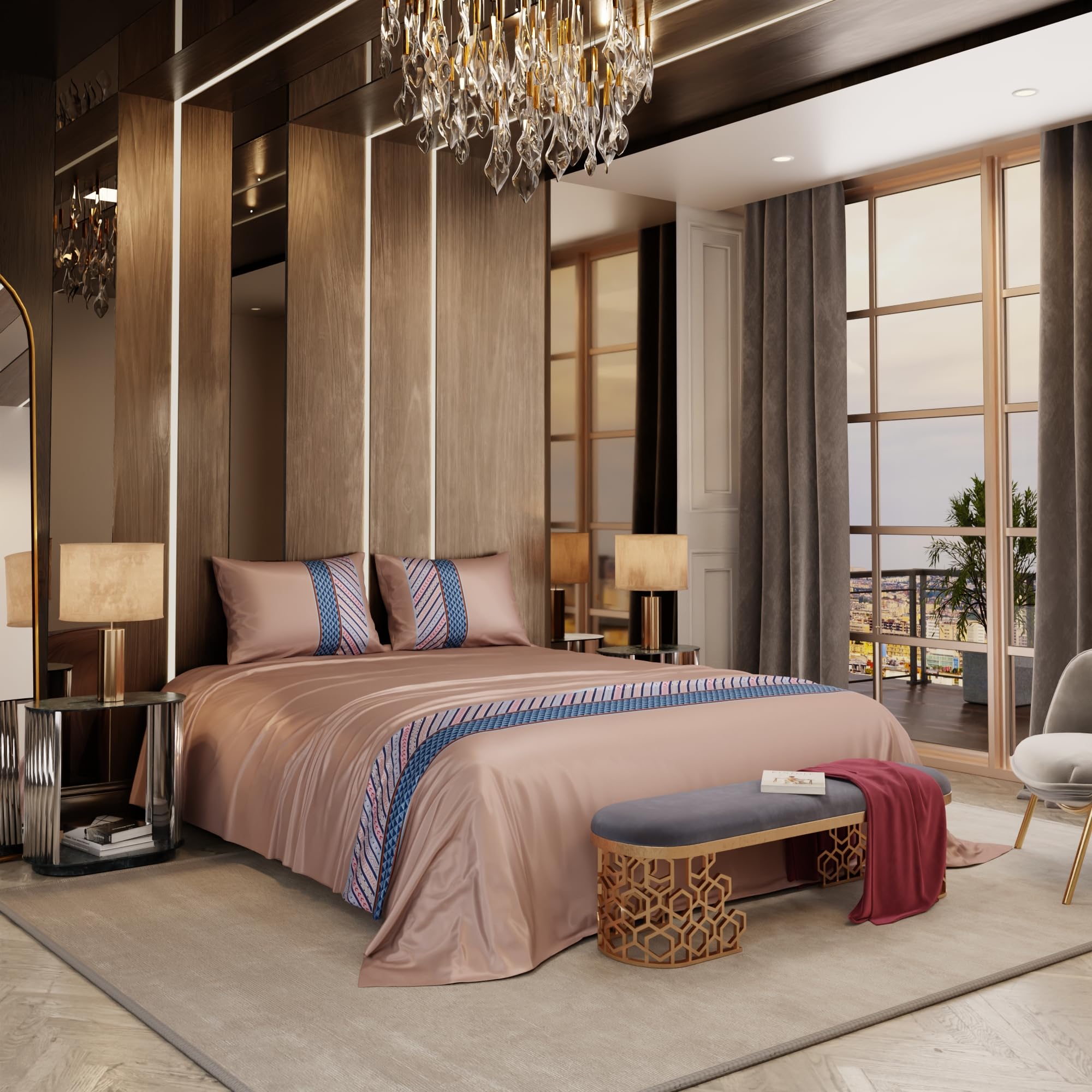 Stoa Paris Satin Bedsheet for Super King Bed (274 cm x 274 cm) with 2 Pillow Covers heet for Chateau Charisma Champagne - Stoa Paris