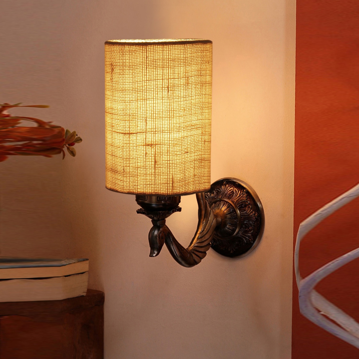 Devansh Metal Electric Wall Light in Antique Gold Colour with White Shade Count of 1 Light - Devansh