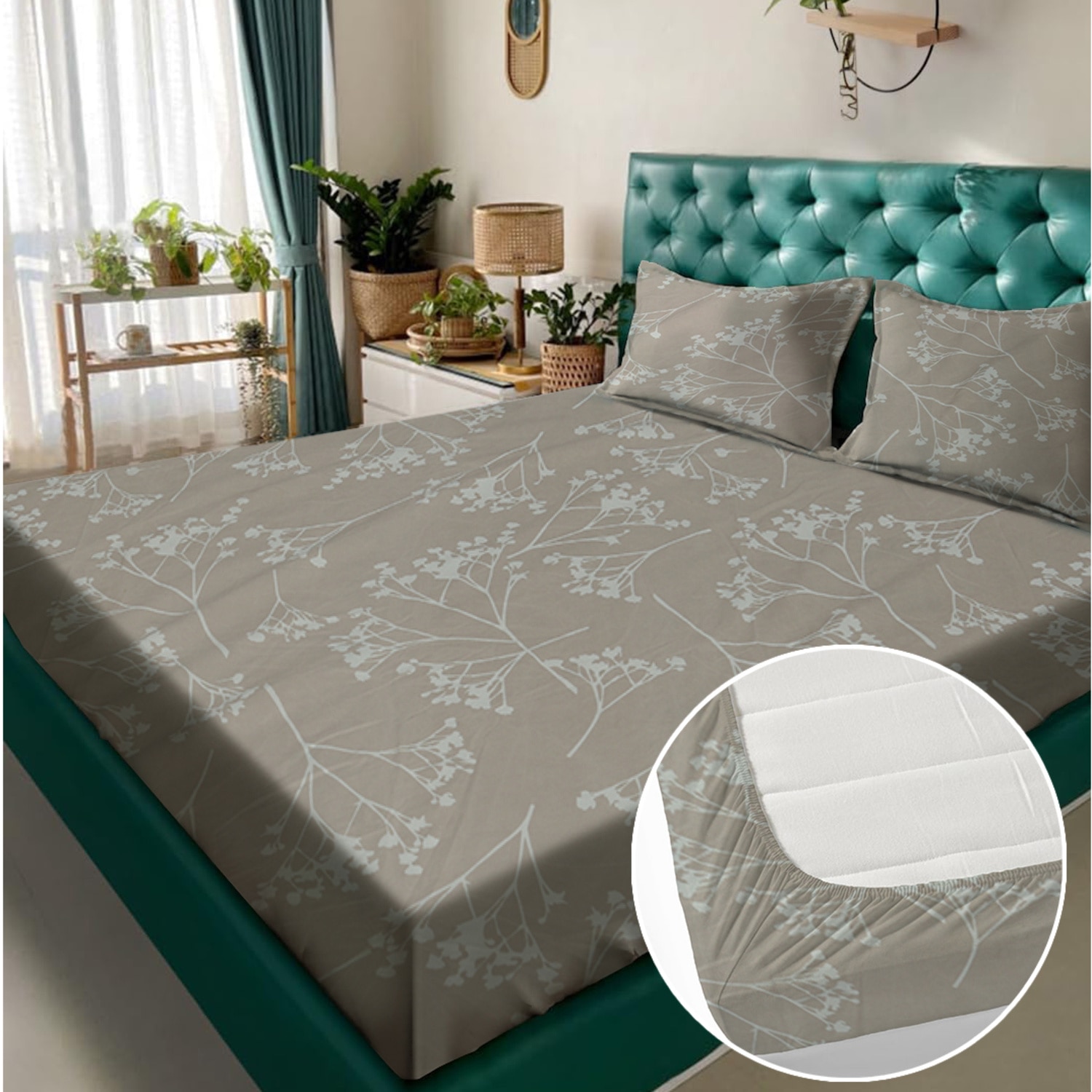 Beige Floral 180 TC Fitted 1 King  Bedsheet with 2 Pillow Covers