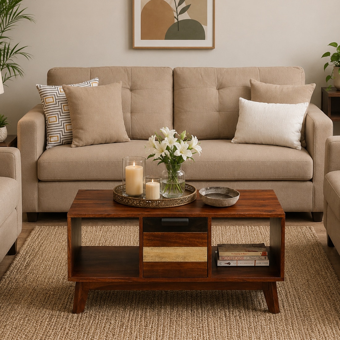 Joe Rectangular Solid Wood Coffee Table In Dual Tone Finish - Jyoti Impex