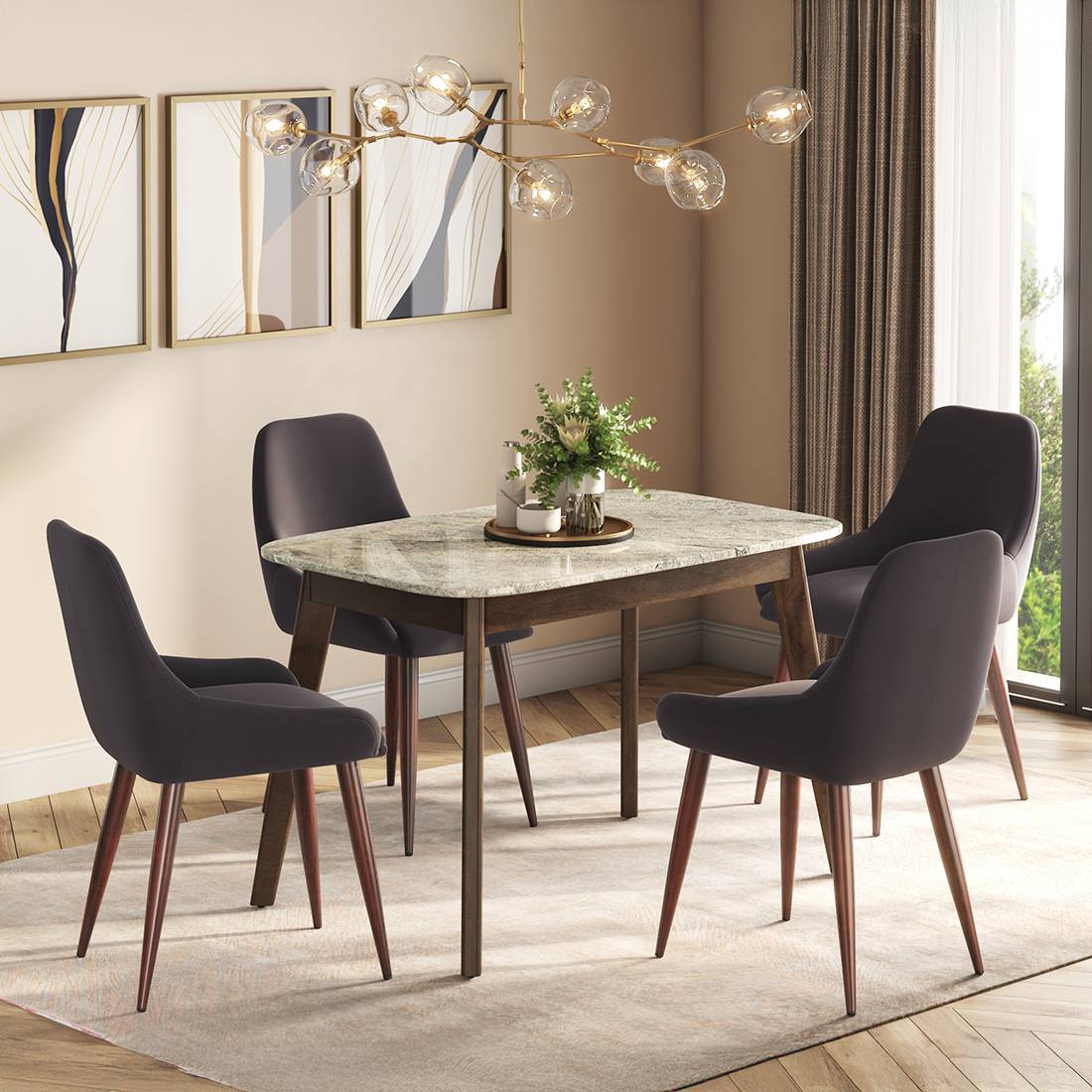 Lunar Grey Mirage Stone 4 Seater Dining Table With Rickman Lounge Chairs