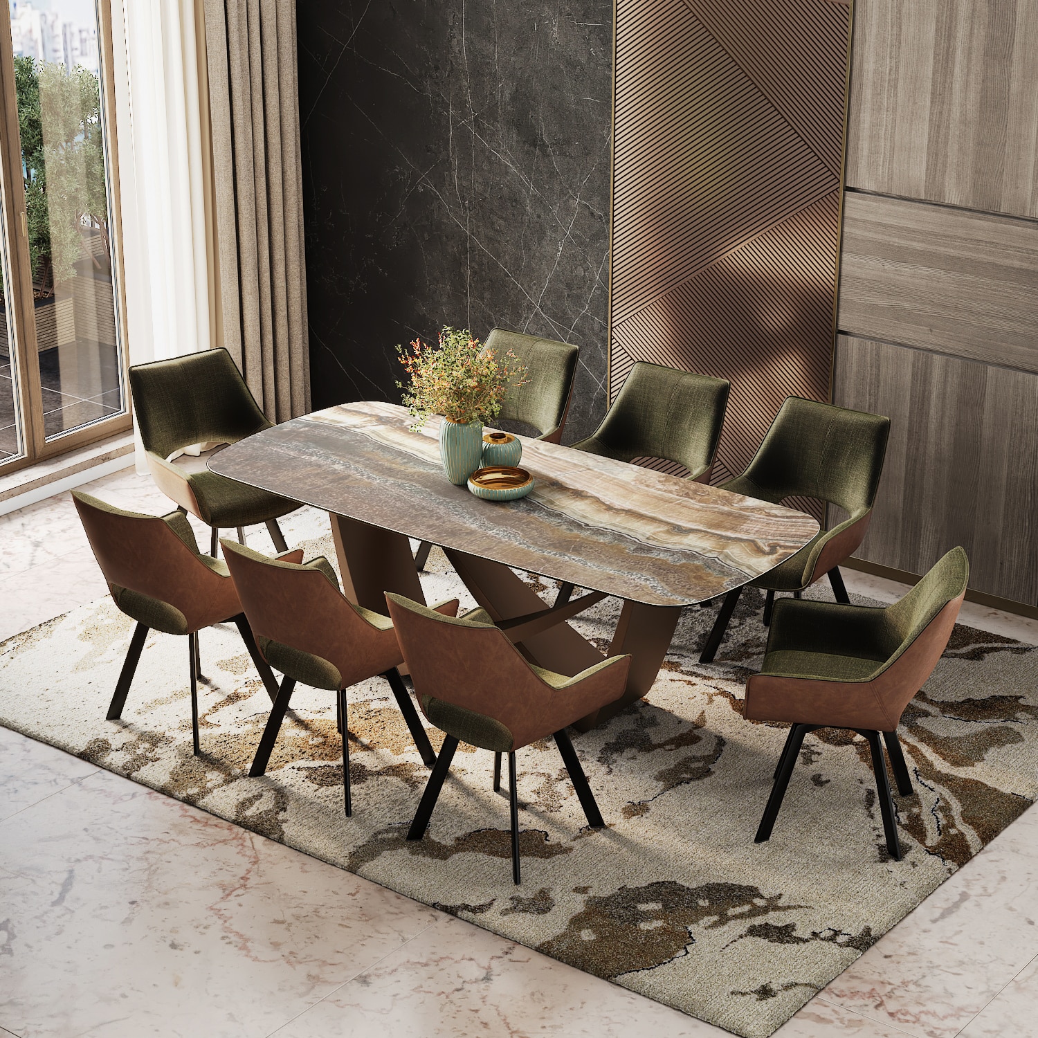 Paloma Engineered Wood 8 Seater Dining Table With Set of 4  Casey Dining Chairs in Dual Tone Colour