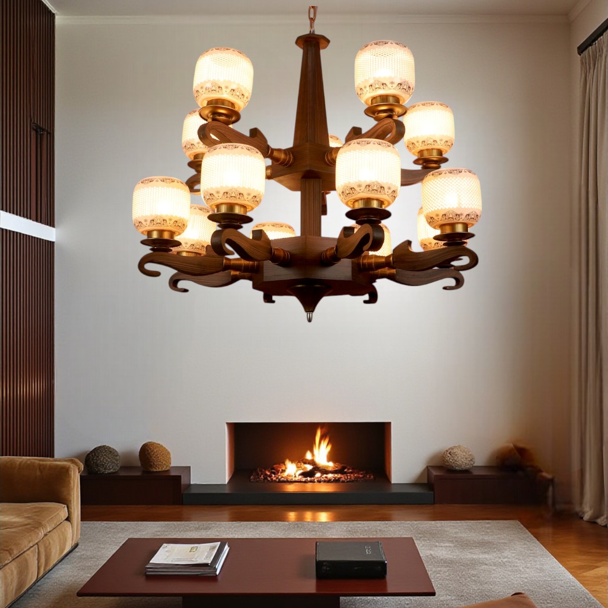 Eliante 13-Light Chandelier, Wood, Mild Steel, Ceramic Glass, Modern Decorative Lighting Fixture