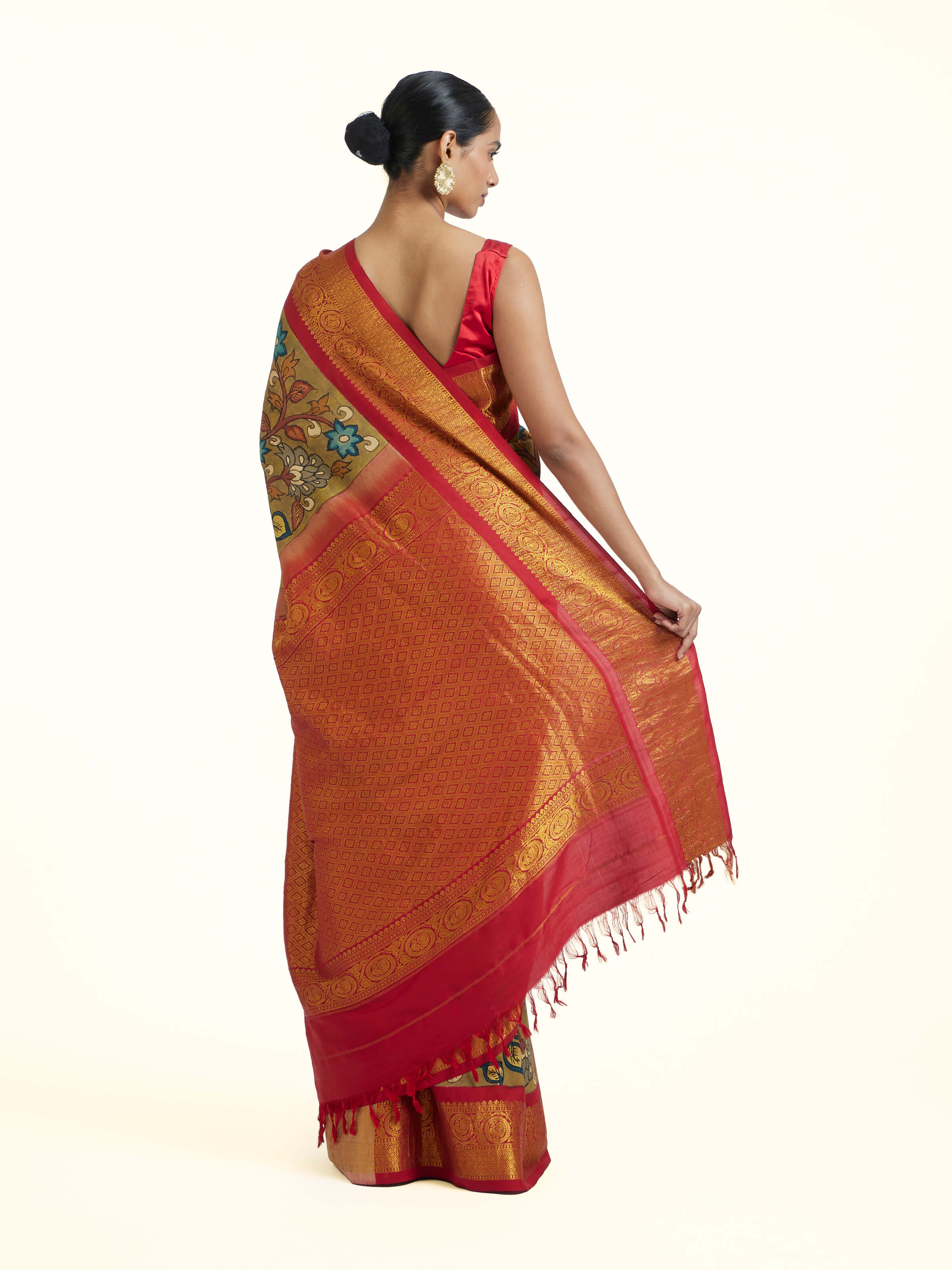 Red Kalamkari Kancheepuram Silk Saree