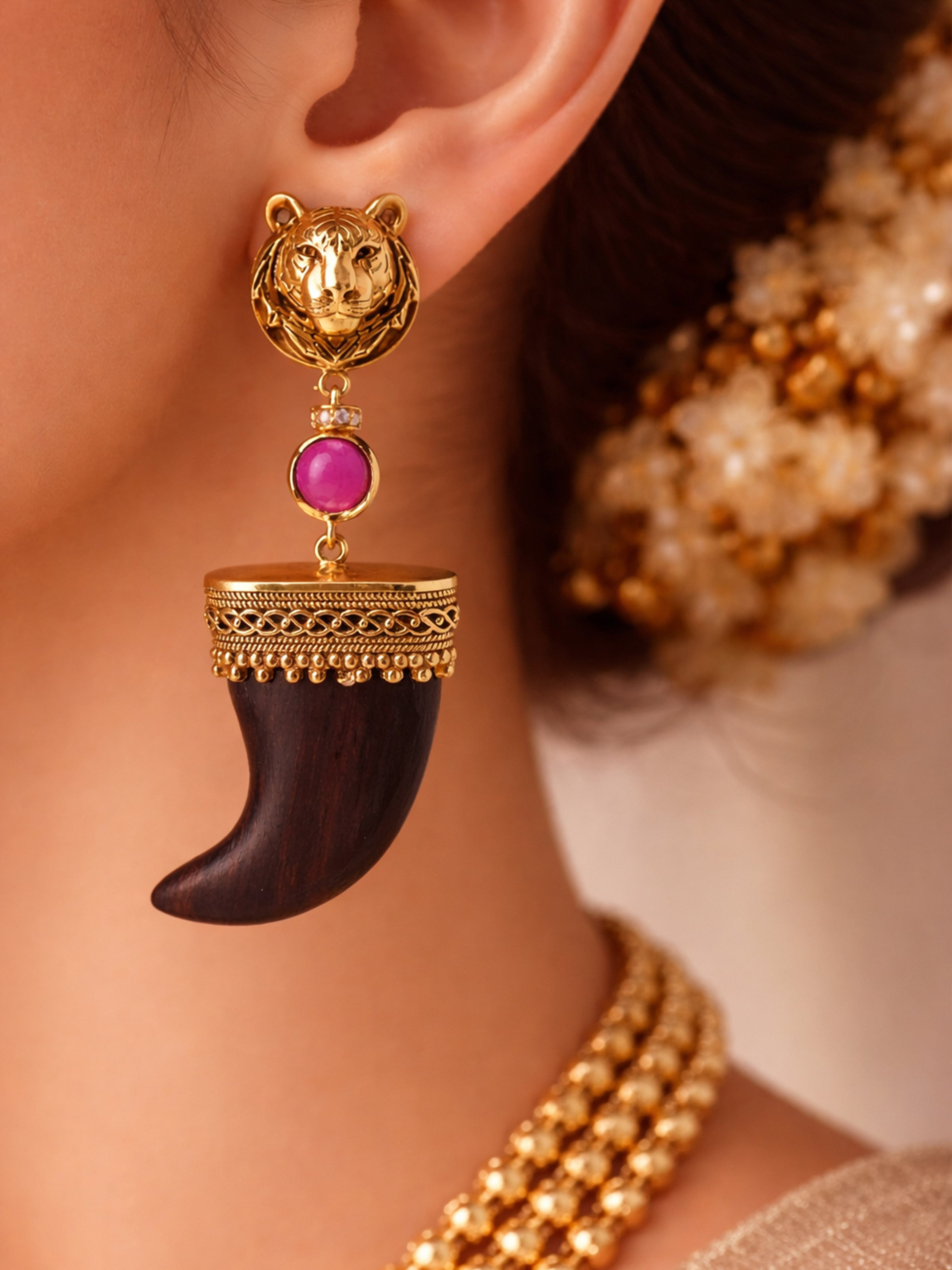 Carved Wood & Silver Drop Earrings