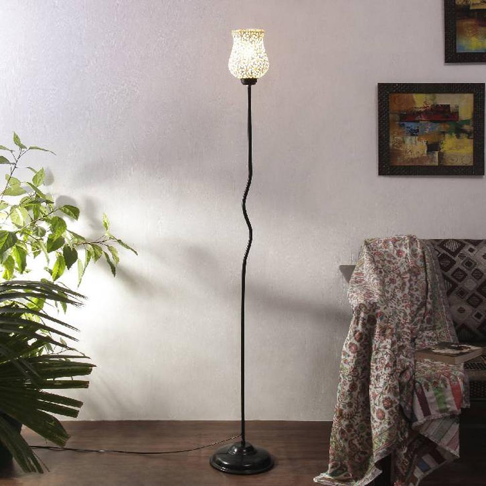 Ewan Glass Floor Lamp with Black Iron Base - Devansh