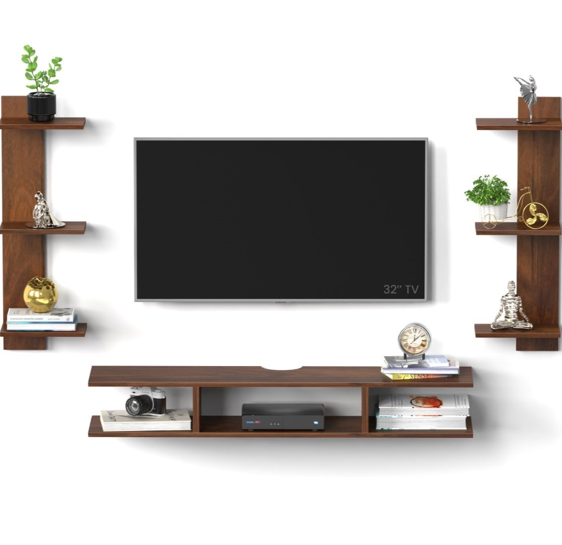 BLUEWUD Estoye Mini Engineering Wood Wall Mount TV Entertainment Unit Set Top Box Stand/TV Cabinet Panel with Shelves for Books & D�cor Display Unit, Ideal for 42�(Brown Maple)