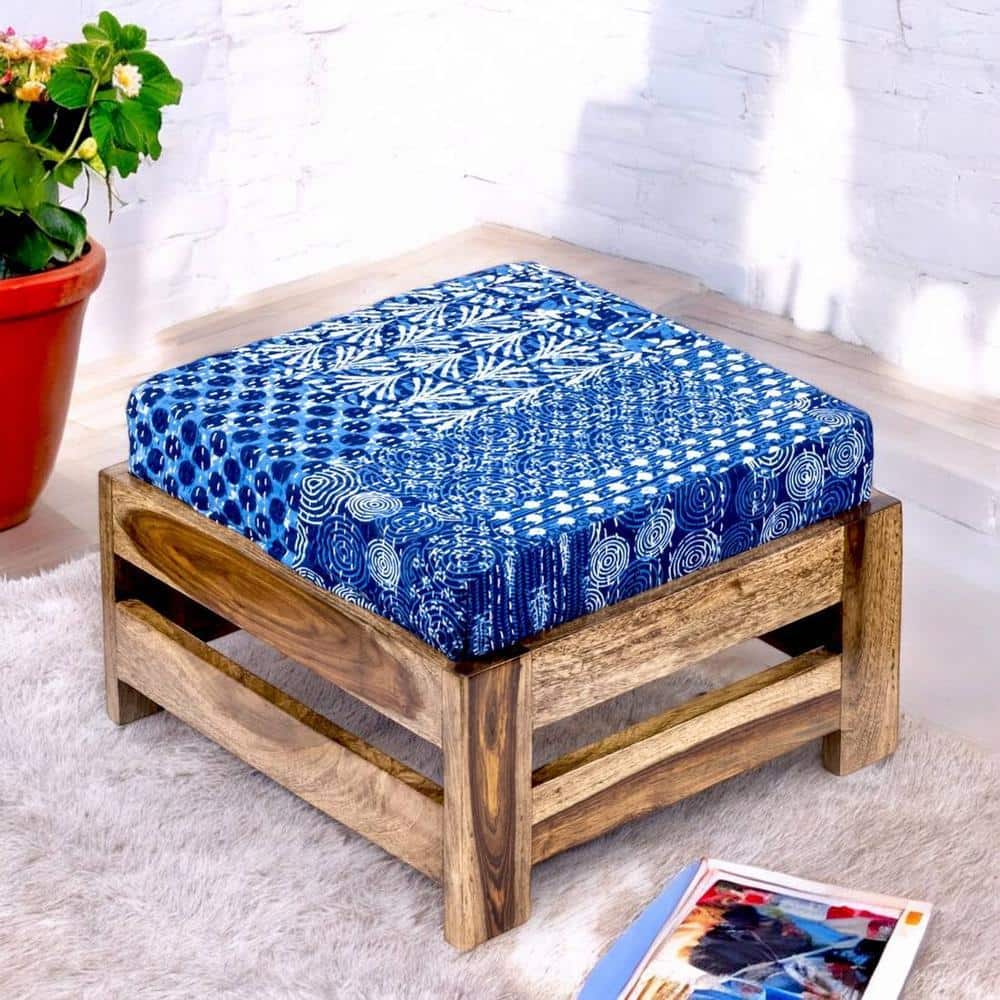 Amber Rosewood Foot Stool with Indigo Patch Kantha Cushion