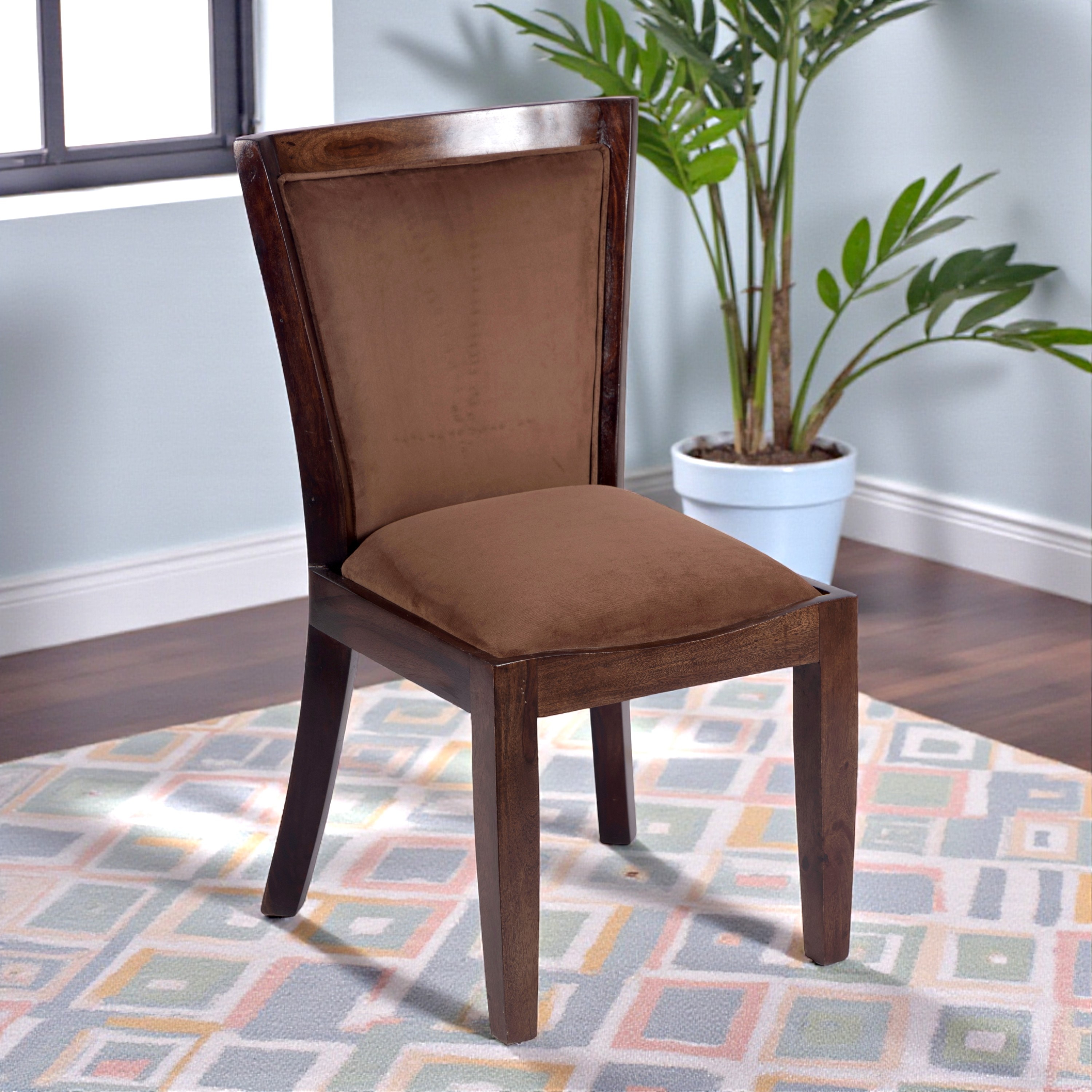 Newport wood Dining Chair in Taupe Brown Velvet Upholstery with PROVISIONAL TEAK FINISH