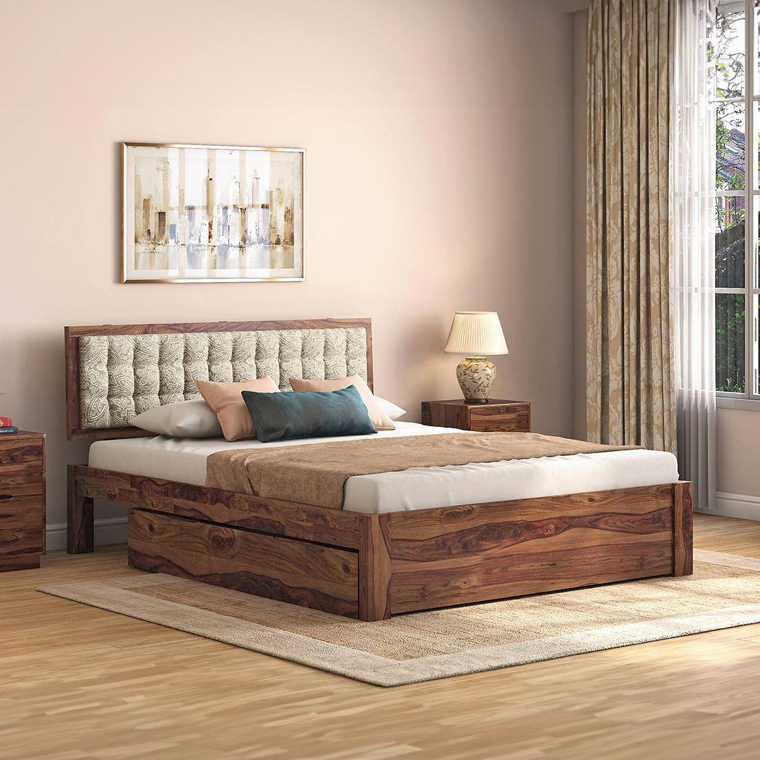 Florence Solid Wood King Size Drawer Storage Bed In Teak Finish