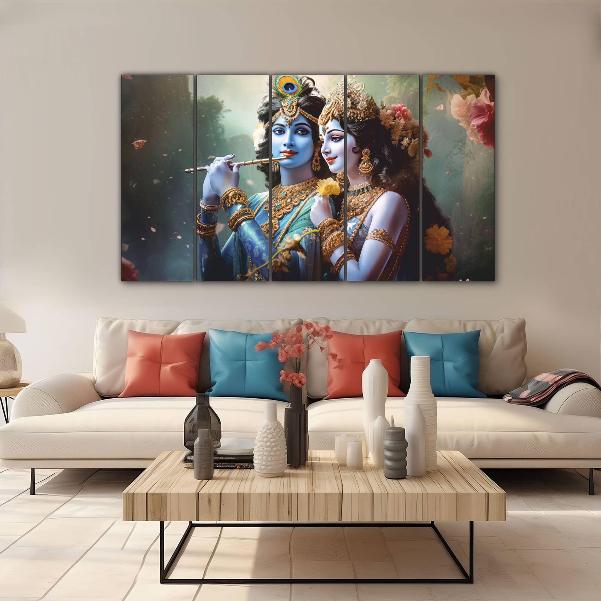 The Castle Decor Radha Krishna Wall Art Set of 5 Wooden Framed Digital Painting 27x48 Inch - The Castle Decor