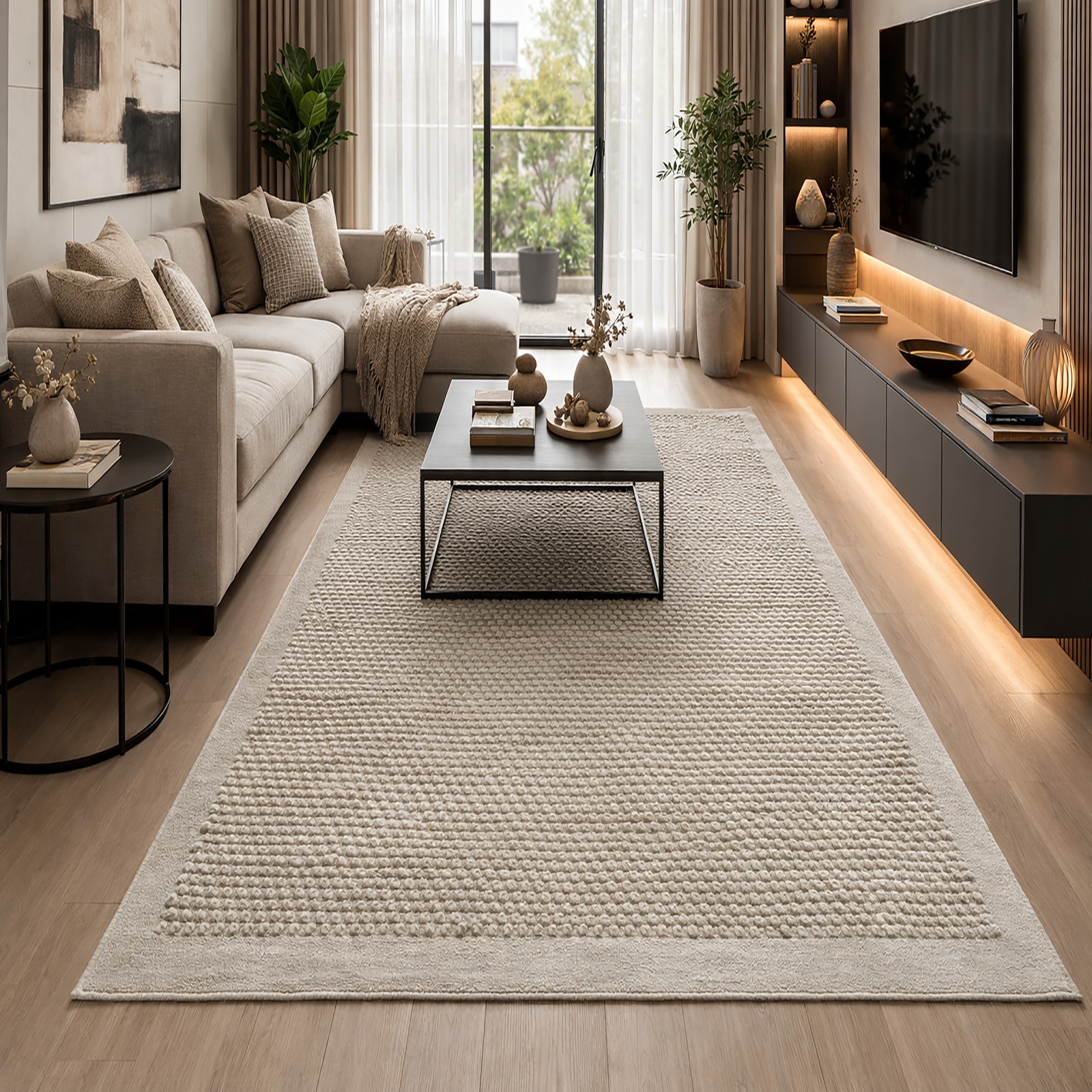 Horizon Textured Wool Rectangle Carpets Hand Knotted in Beige Colour