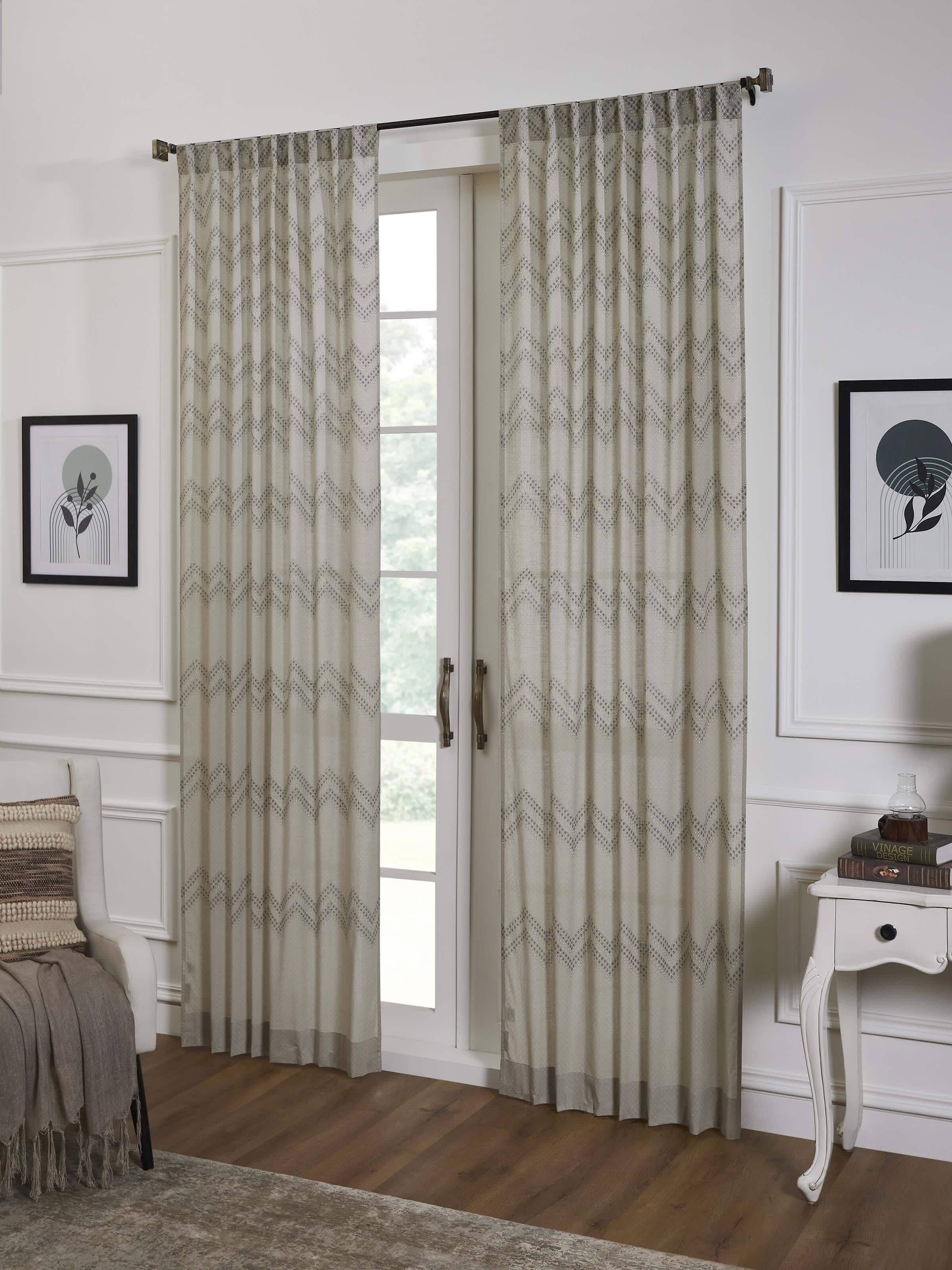 Rambagh Light Green Geo Chevron Cotton Sanganeri Hand Block Printed Curtain (9 Ft)