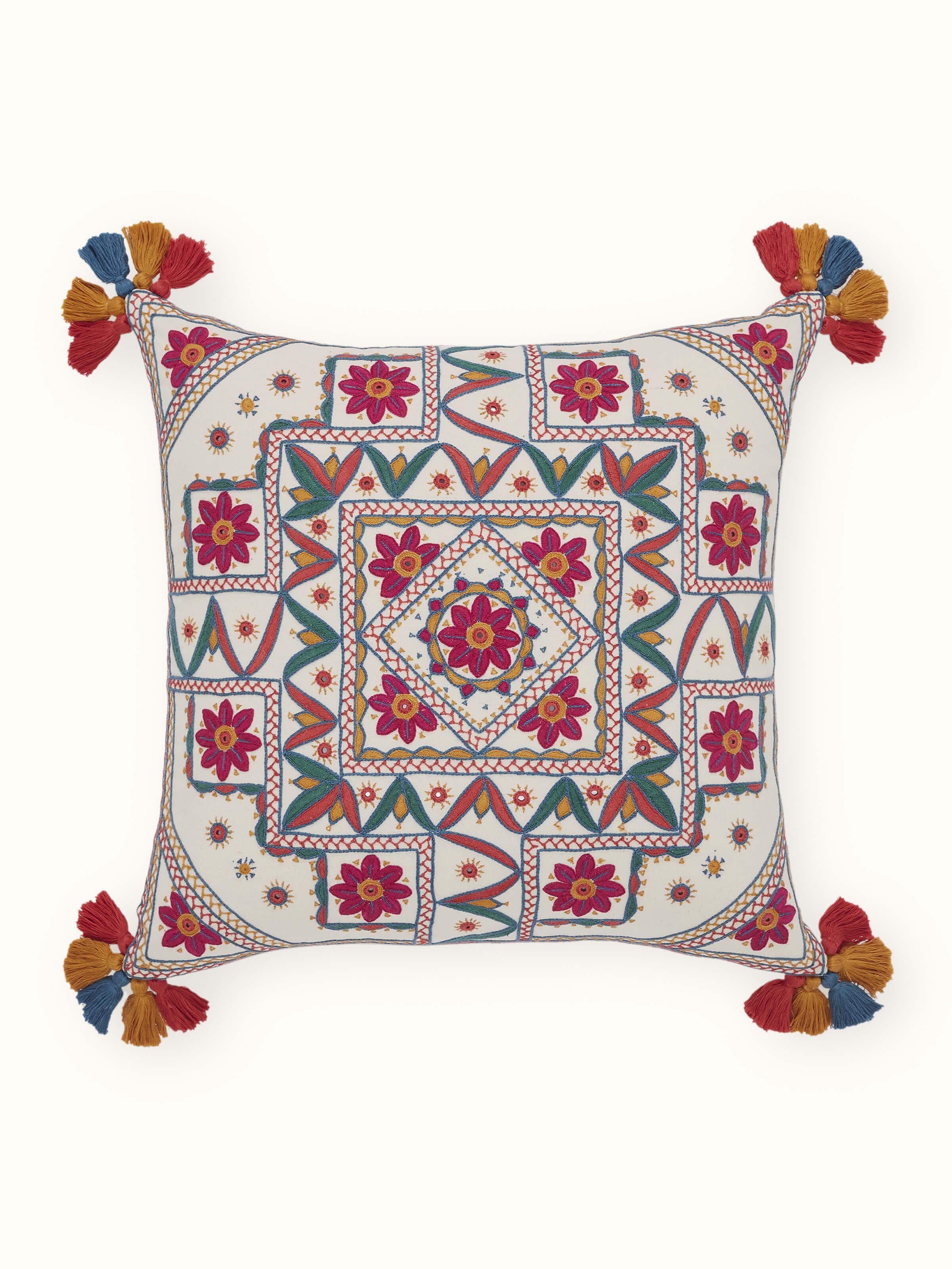 Varna Pink Mandala Cotton Pakko Hand Embroidered Cushion Cover