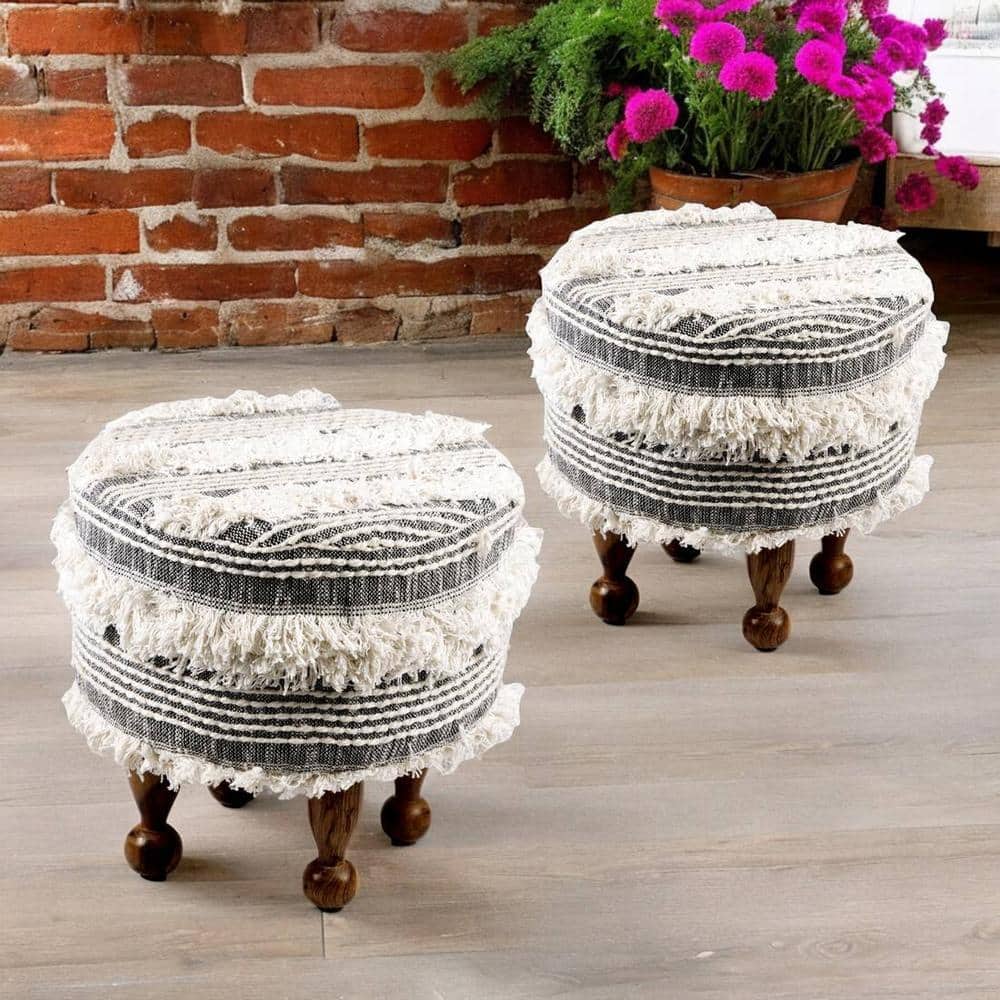 Louisville Acacia Wood Mid Century Round Set of 2 Pouf Stools in Grey Fabric