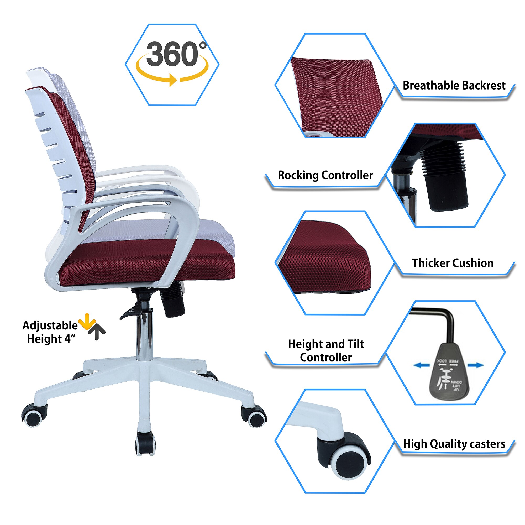 Mmarveal Mid Back Ergonomic Chair in Maroon Colour