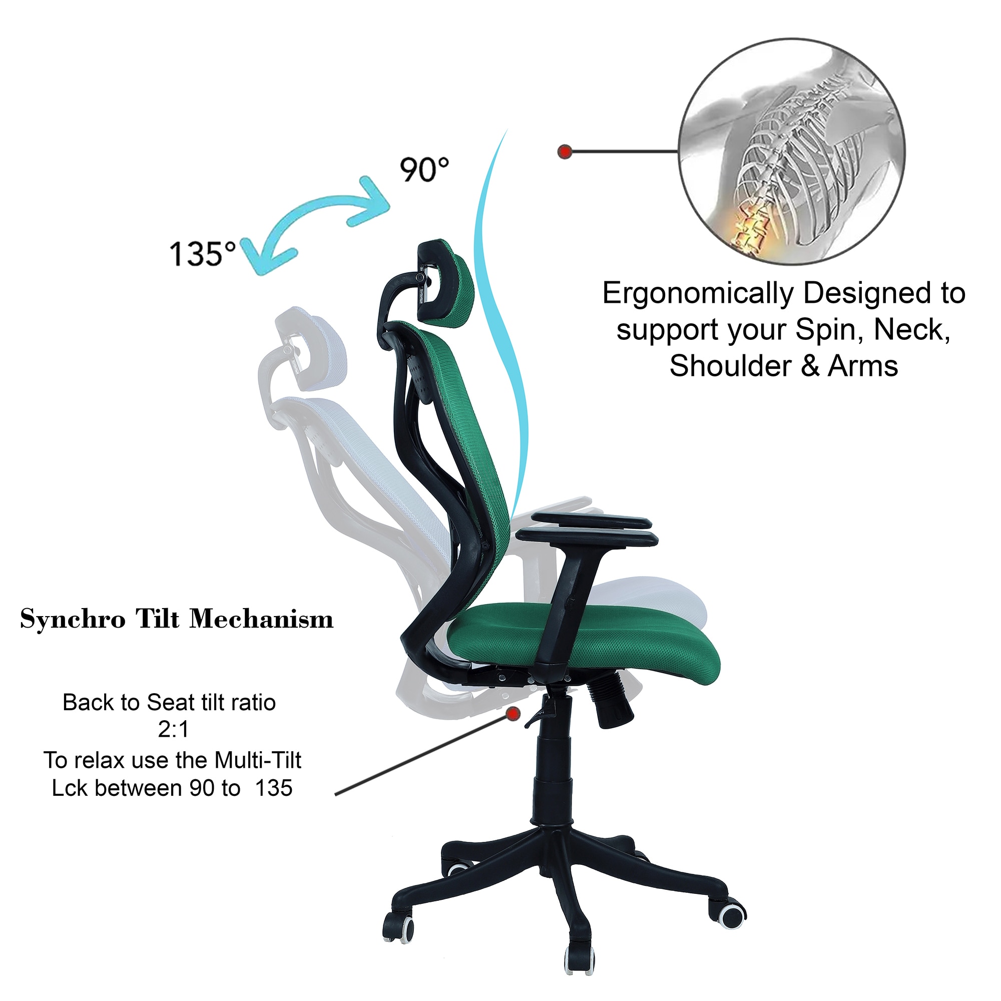 Zeeazyana High Back Ergonomic Chair in Dark Green Colour