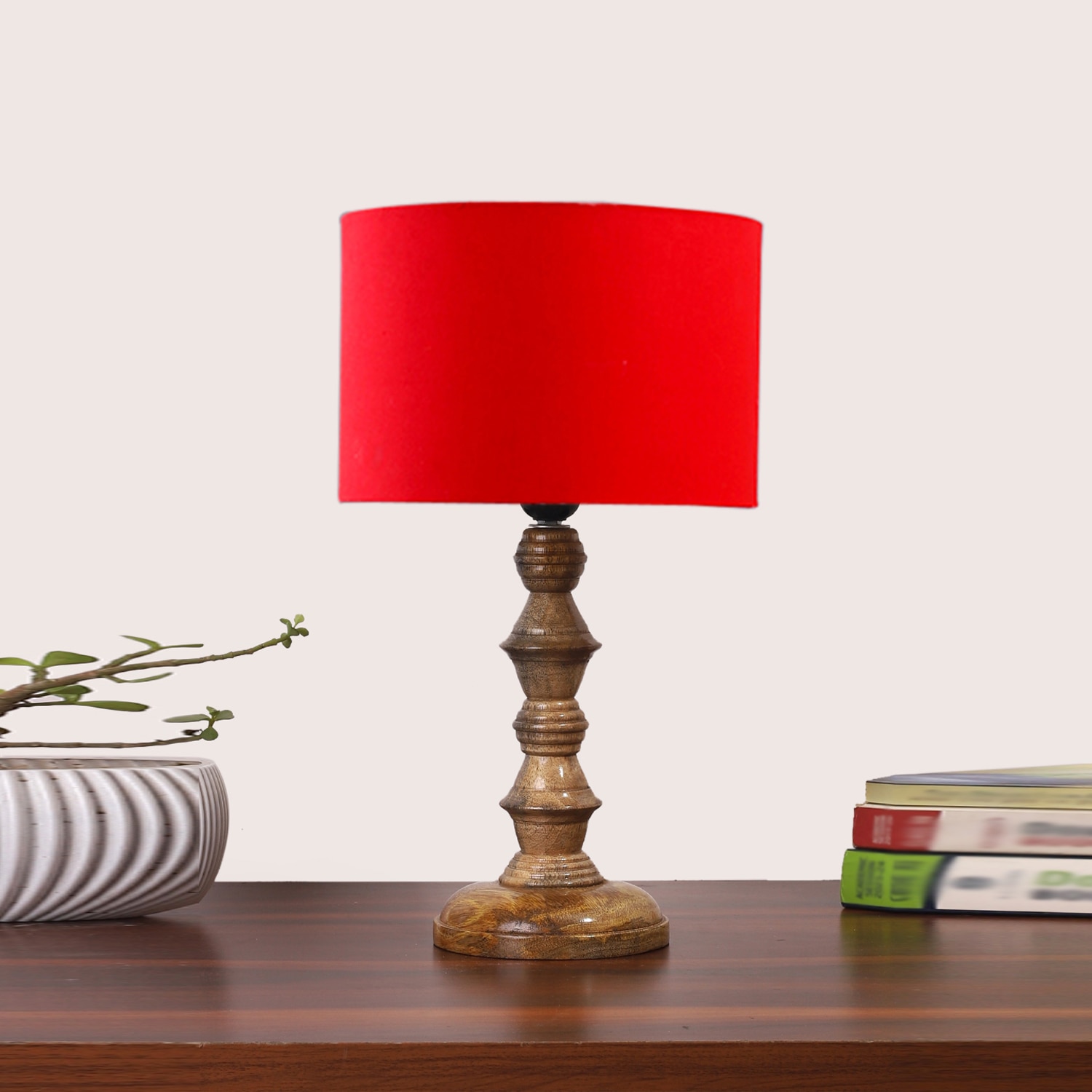 Devansh Red Cotton Table Lamp With  Wood Natural Base (7X7X15.5 Inches)-4