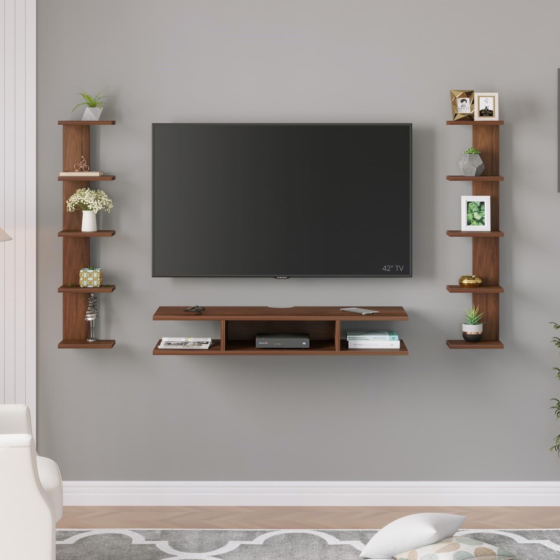 BLUEWUD Estoye Standard Engineering Wood Wall Mount TV Entertainment Unit Set Top Box Stand/TV Cabinet Panel with Shelves for Books & D�cor Display Unit, Ideal for 50� (Brown Maple)