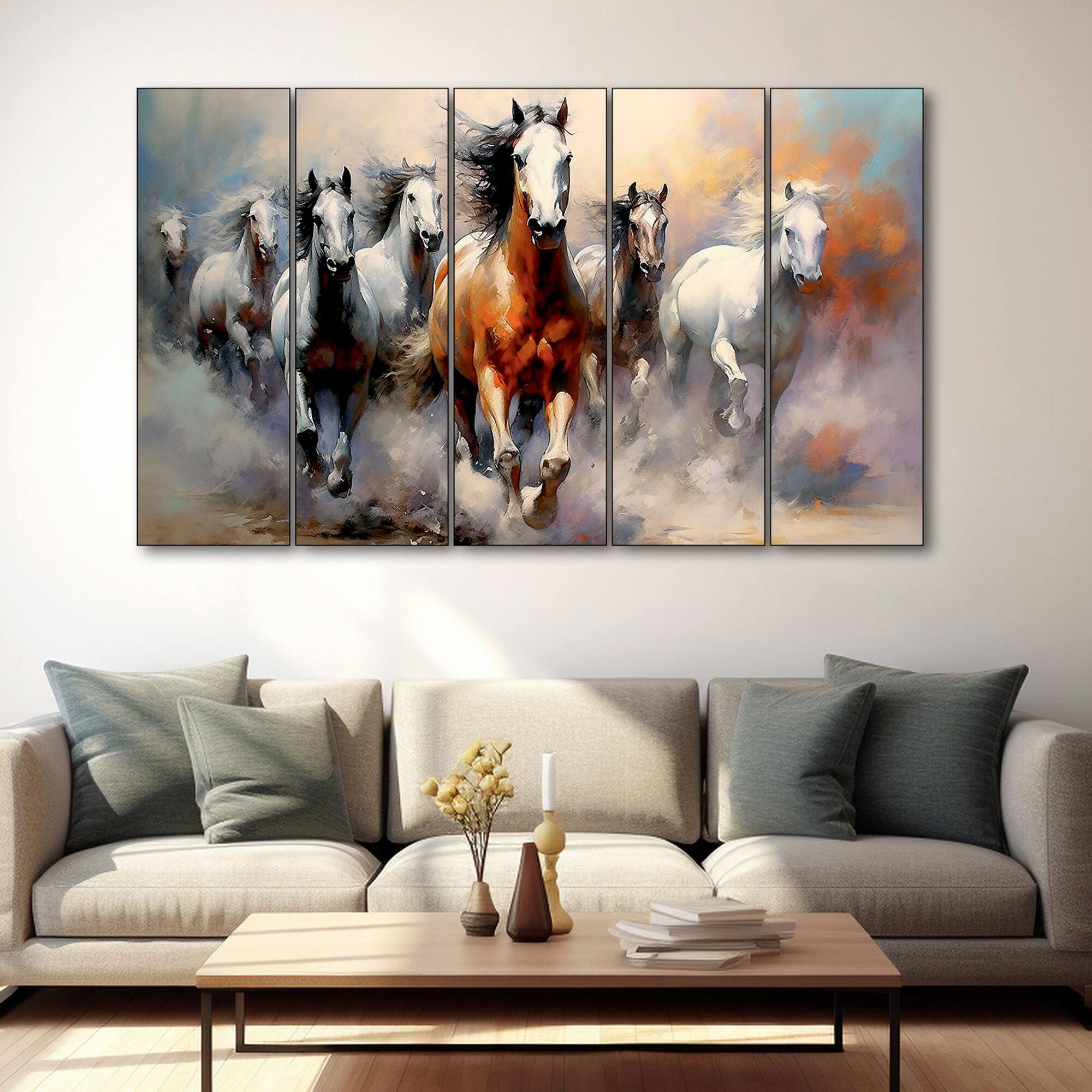 The Castle Decor 7 Running Horses Vastu Wall Art Framed Painting 27x48 Inch (Style 1) - The Castle Decor