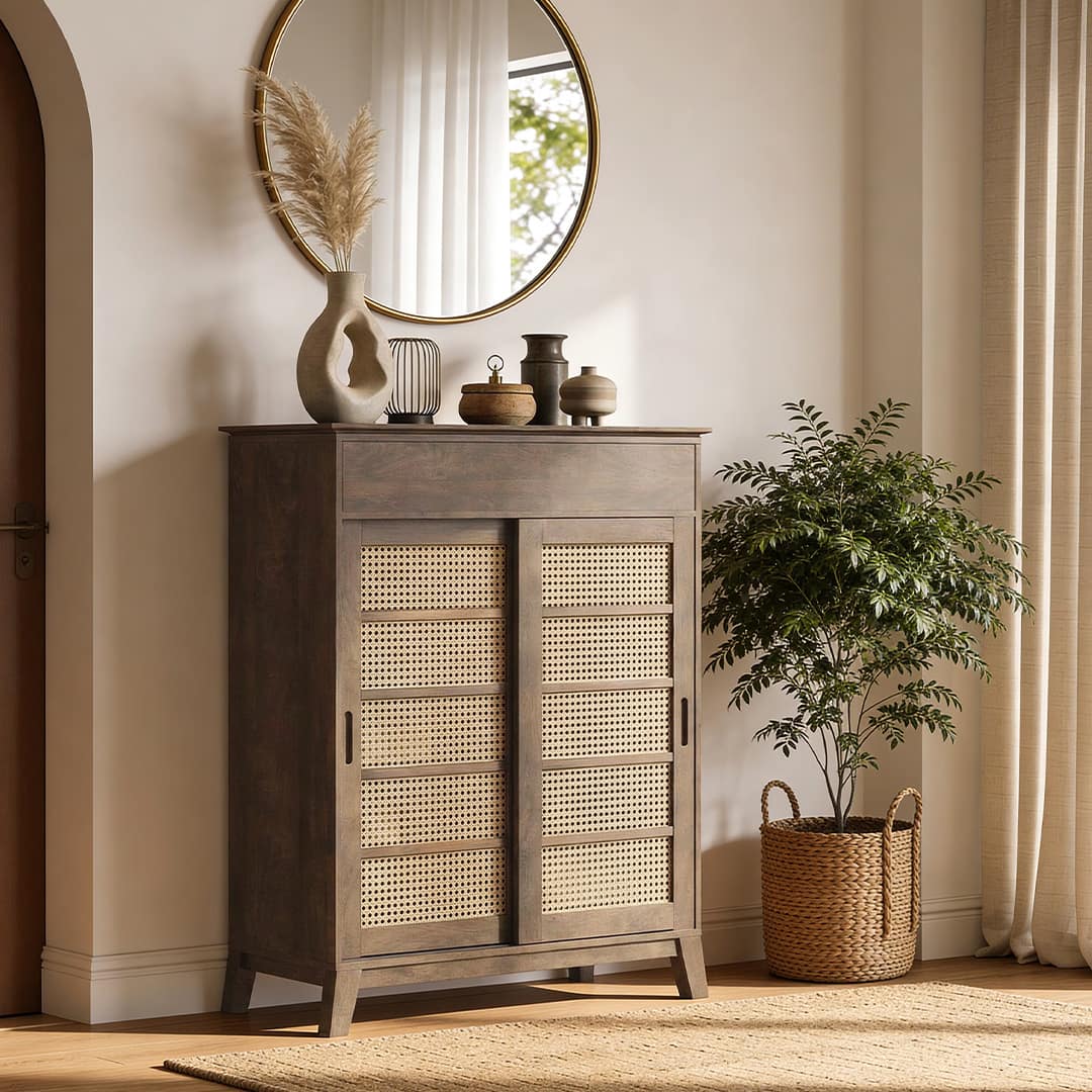 Fujiwara 20 Pair Solid Wood and Cane Shoe Cabinet With Drawer In Danish Walnut Finish