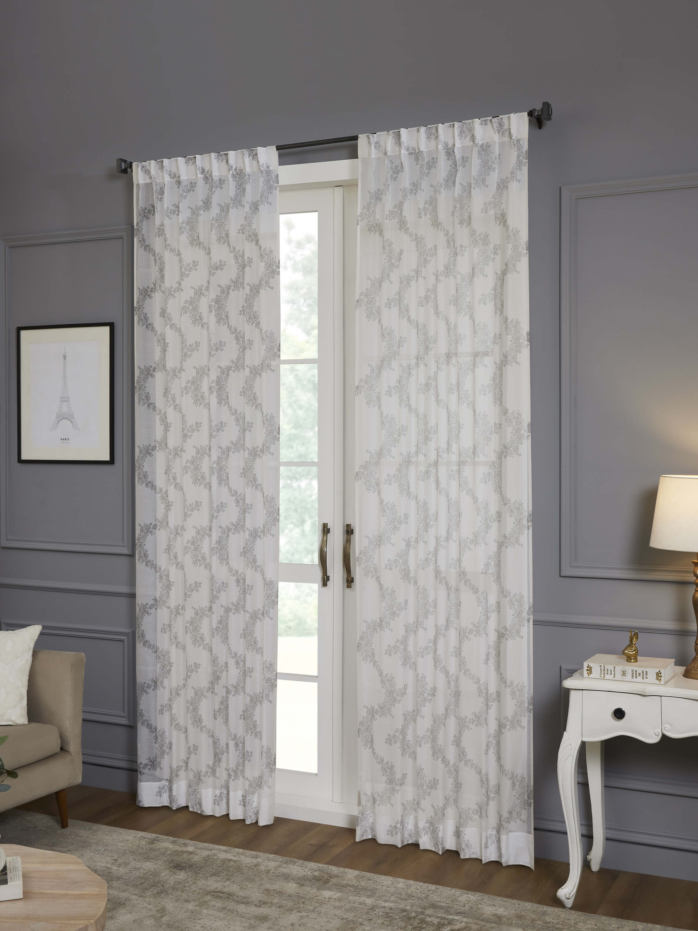 Shivranjini Grey Floral Trellis Cotton Silk Sanganeri Hand Block Printed Curtain (9 Ft)