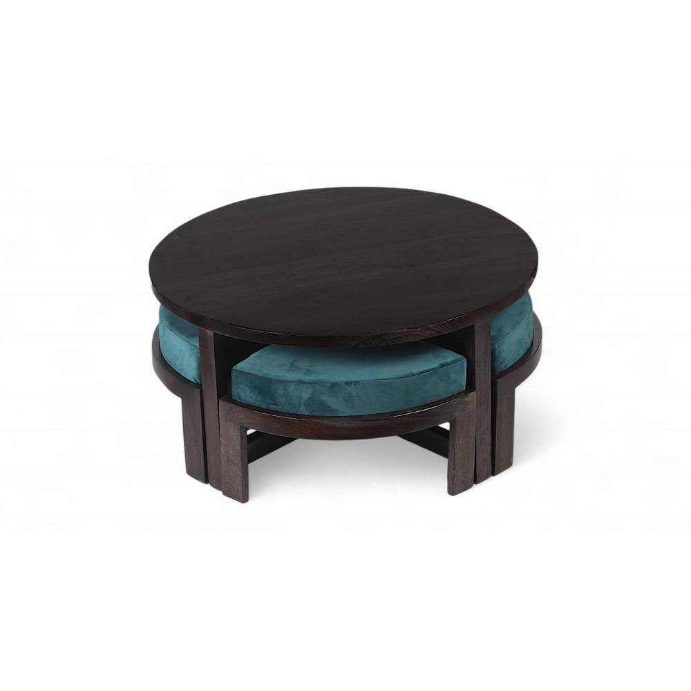Nashville Sheesham Wood Coffee Table With 4 Stools Set In Mahogany Finish & Turquoise Sea Velvet Fabric Cushions
