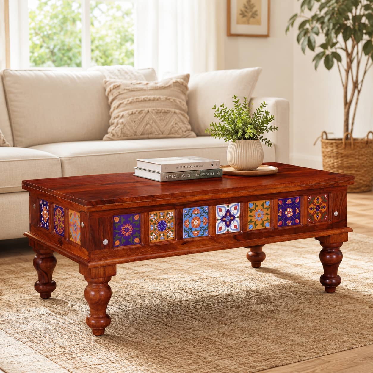 Rangrez Sheesham Wood Large Coffee Table in Honey Oak Finish - Woodenmood