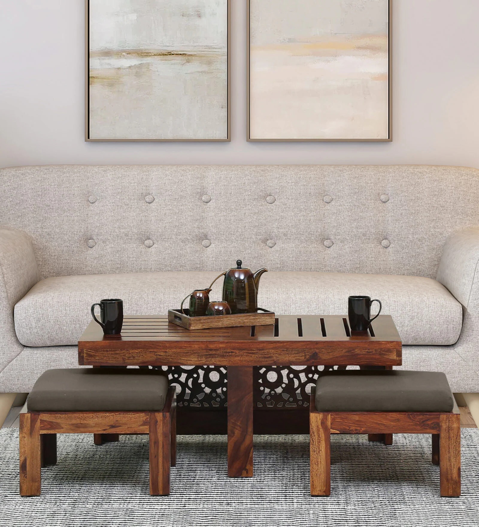 Lifty Sheesham Wood Nesting Coffee Table Set in Provincial Teak Finish With Cushioned Stools