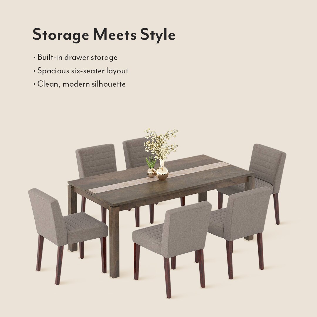 Atlas Crest Storage Solid Wood 6 Seater Dining Table With Set Of 6 Ludo Dining Chairs
