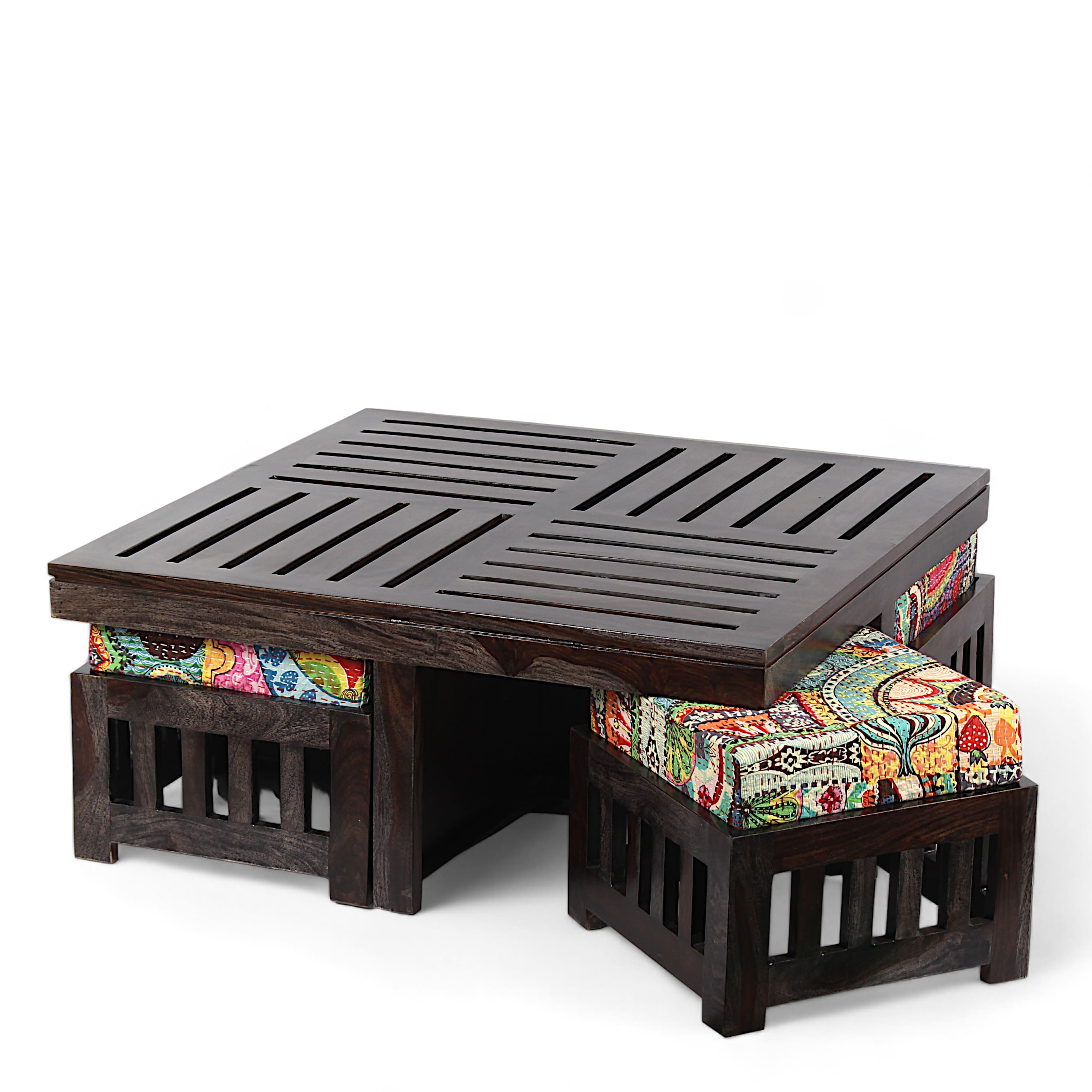 Palladio Sheesham Wood Coffee Table With 4 Stools Set In Mahogany Finish & Multi Colour Israel Print Kantha Fabric Cushions