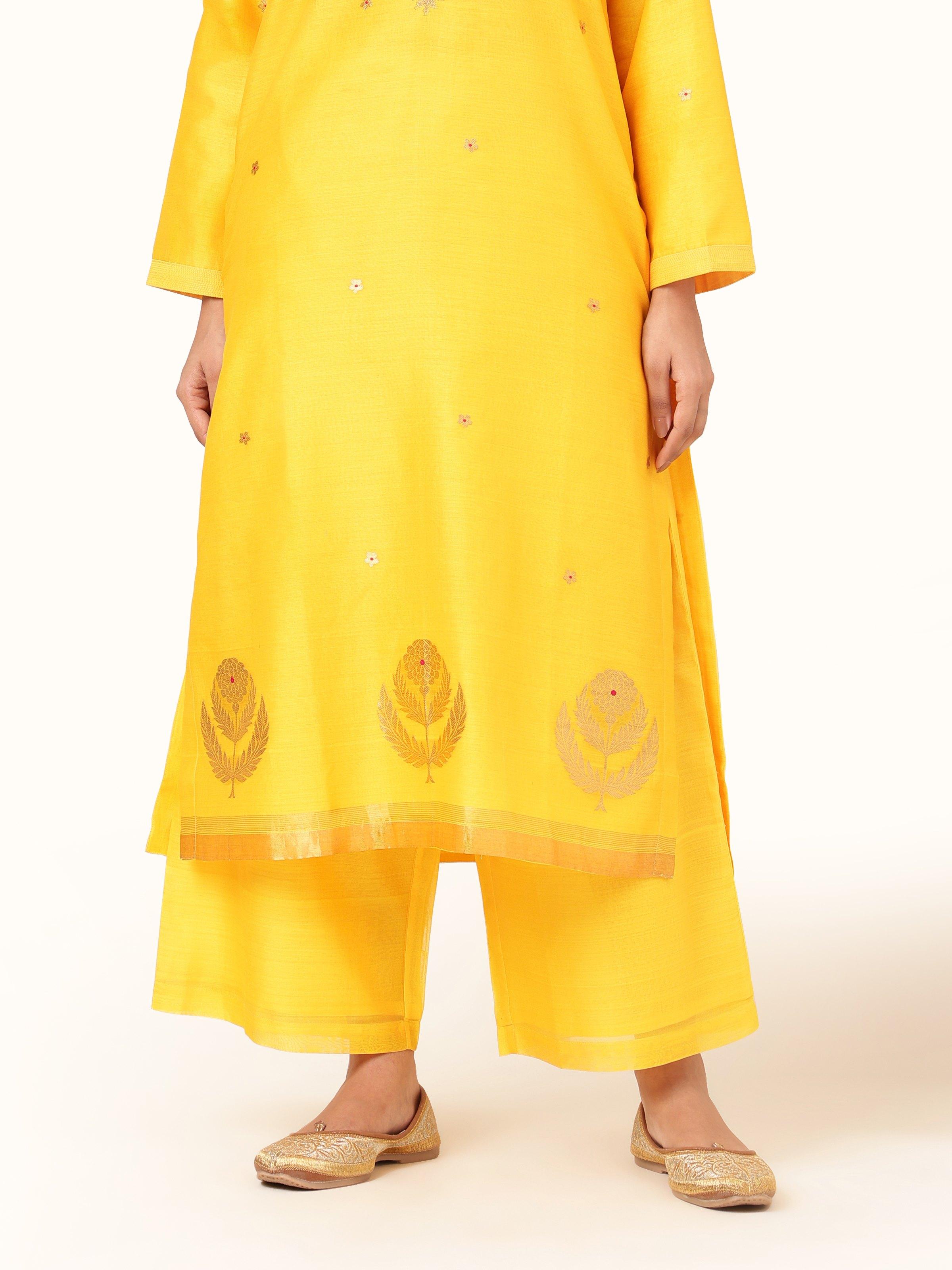 Front view of yellow Chanderi palazzo in cotton silk blend.