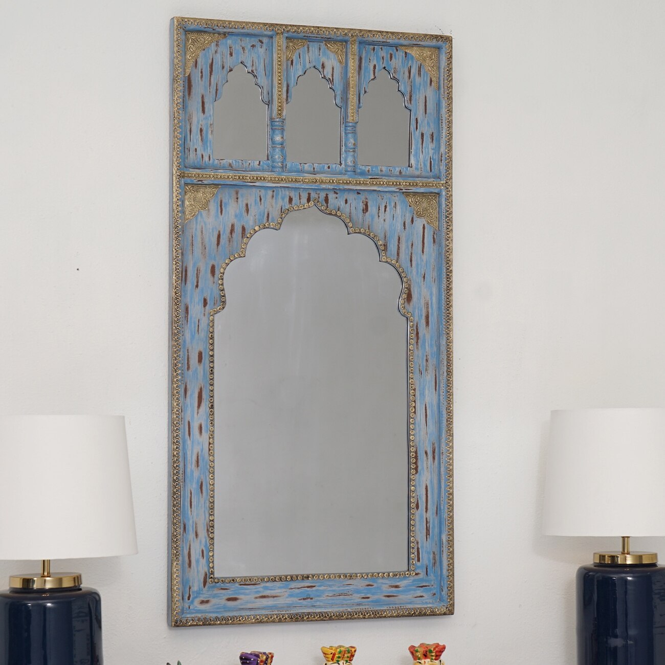 Nora Wood Carved Mirror Frame in Distressed Blue