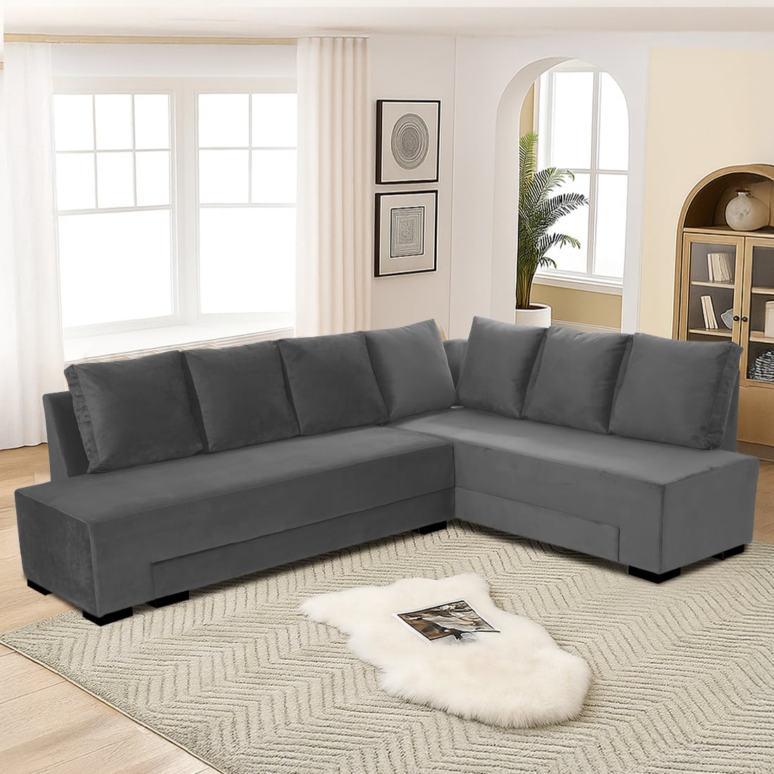 Melo 3 Seater Right Sectional Velvet Sofa Cum Bed in Dark Grey colour