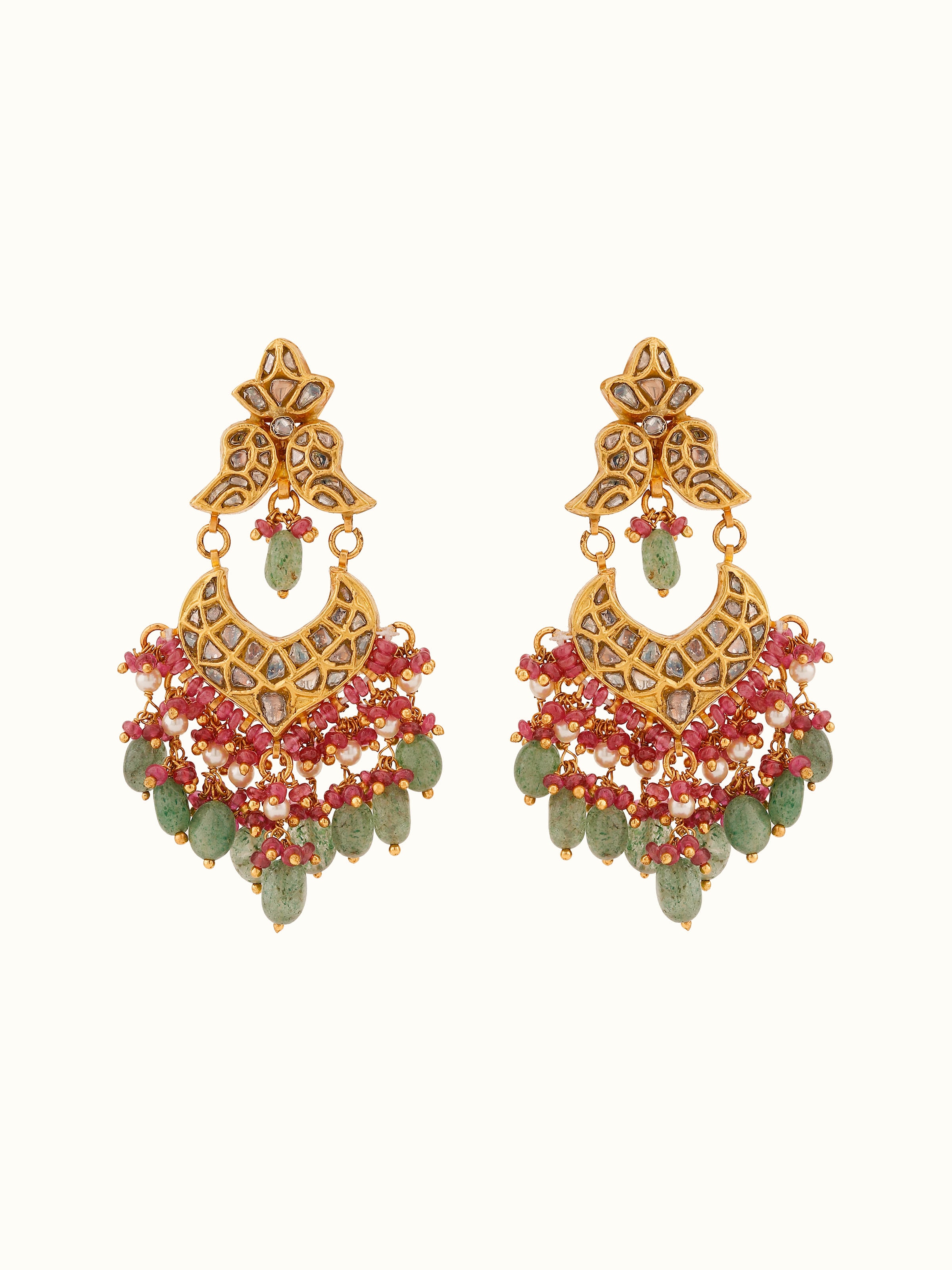 Front view of Thappa 22 Karat gold drop earrings with detailed craftsmanship