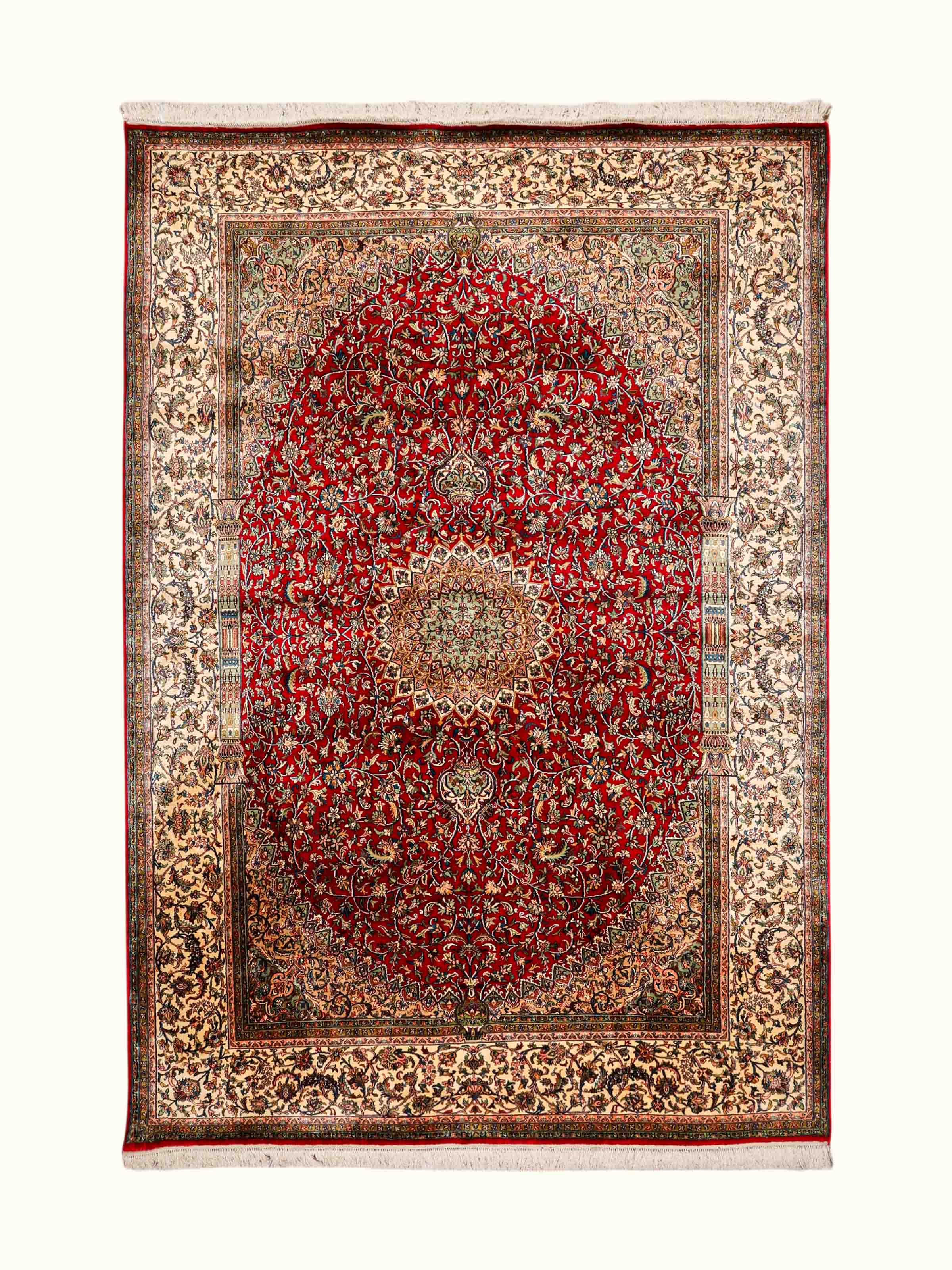 Traditional Persian Red Ivory Kashan Kashmir Silk Hand-Knotted Carpet