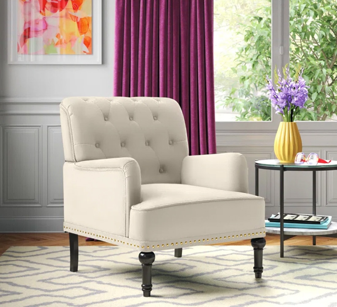 Velora Tufted Back Fabric Lounge Chair in Off White - KURSIWALLAH
