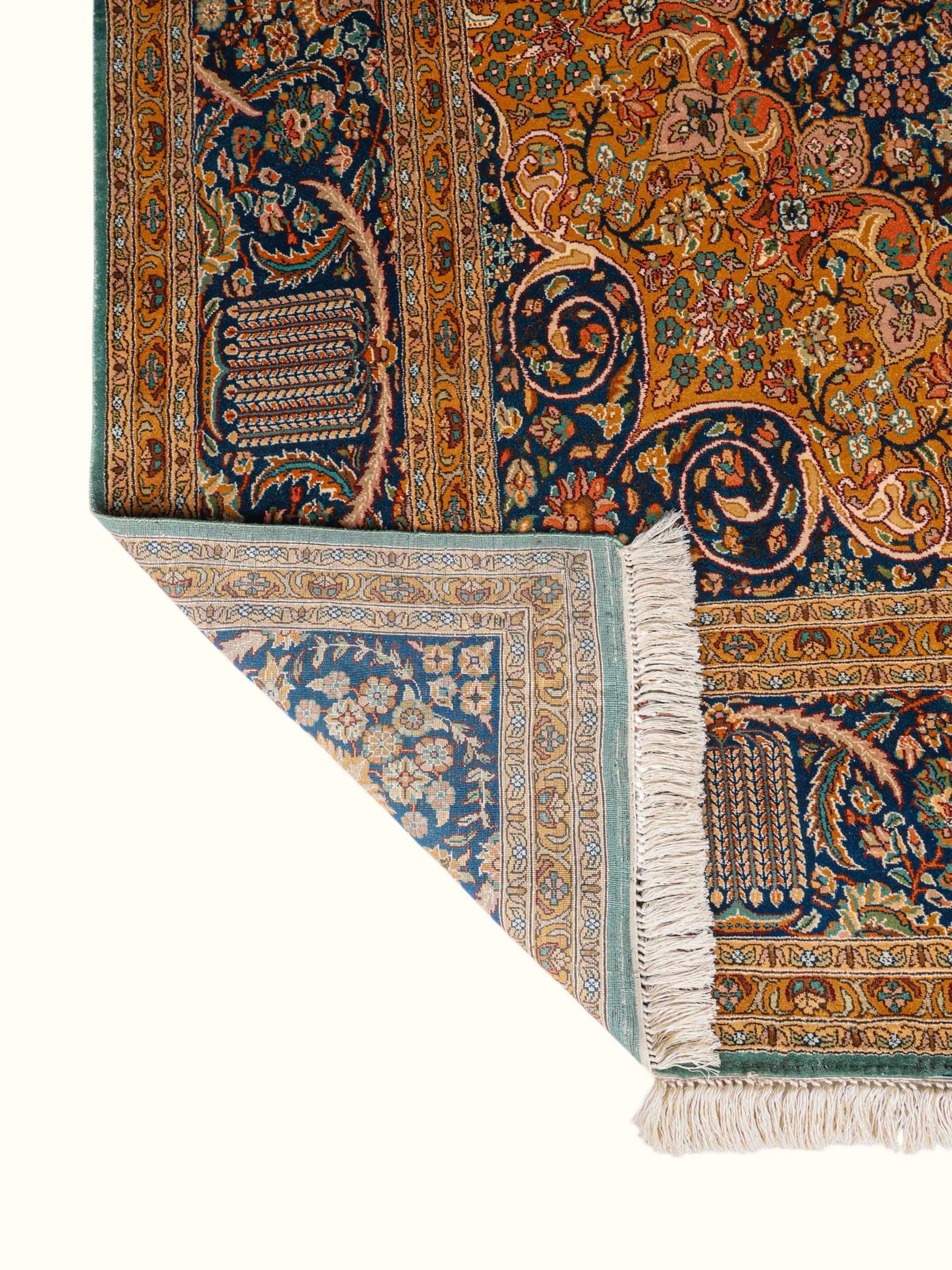 Traditional Persian Navy Ochre Tabriz Kashmir Silk Hand-Knotted Carpet