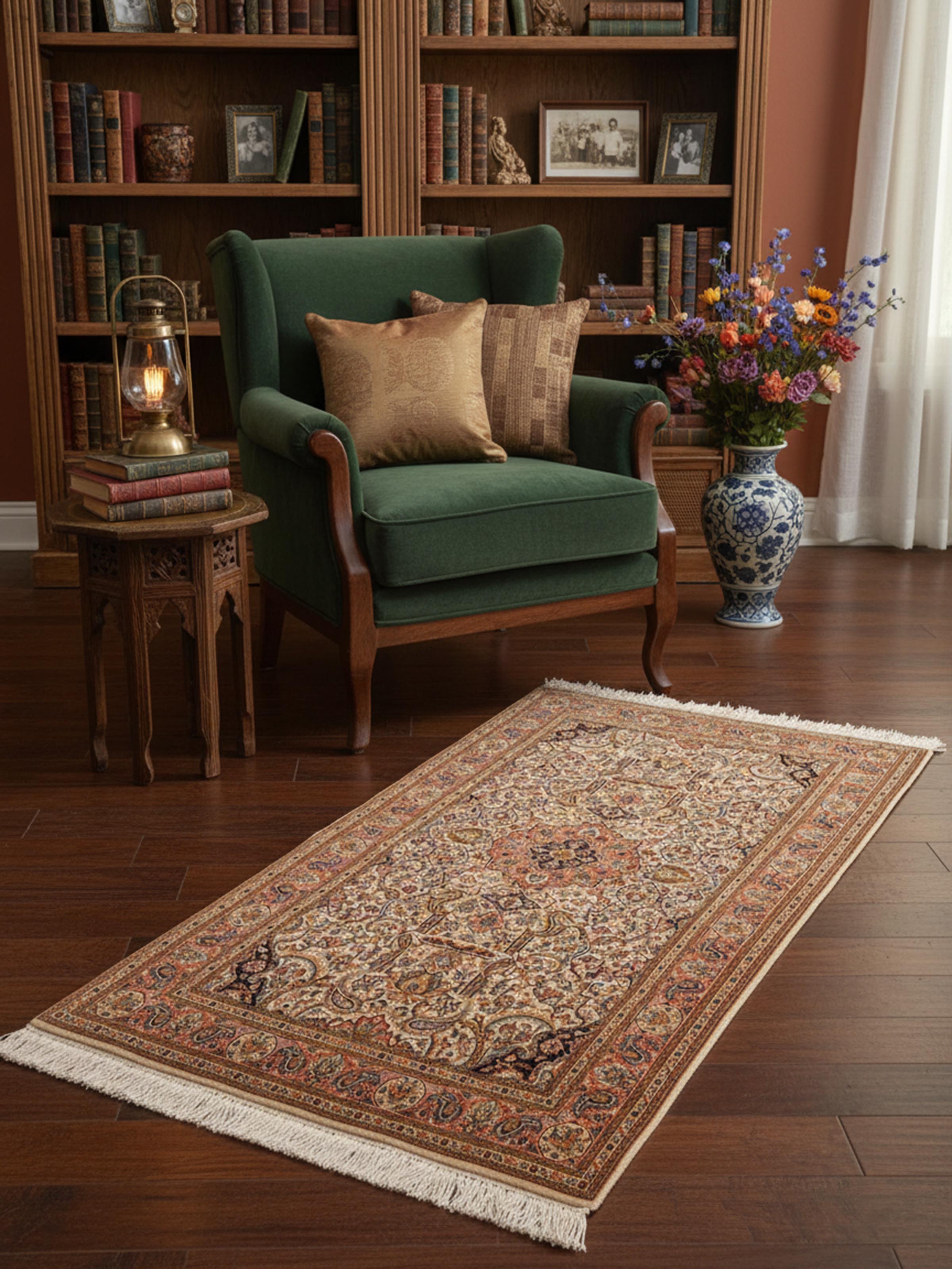 Traditional Persian ivory Tabriz Kashmir silk hand-knotted carpet with intricate floral design – Swadesh