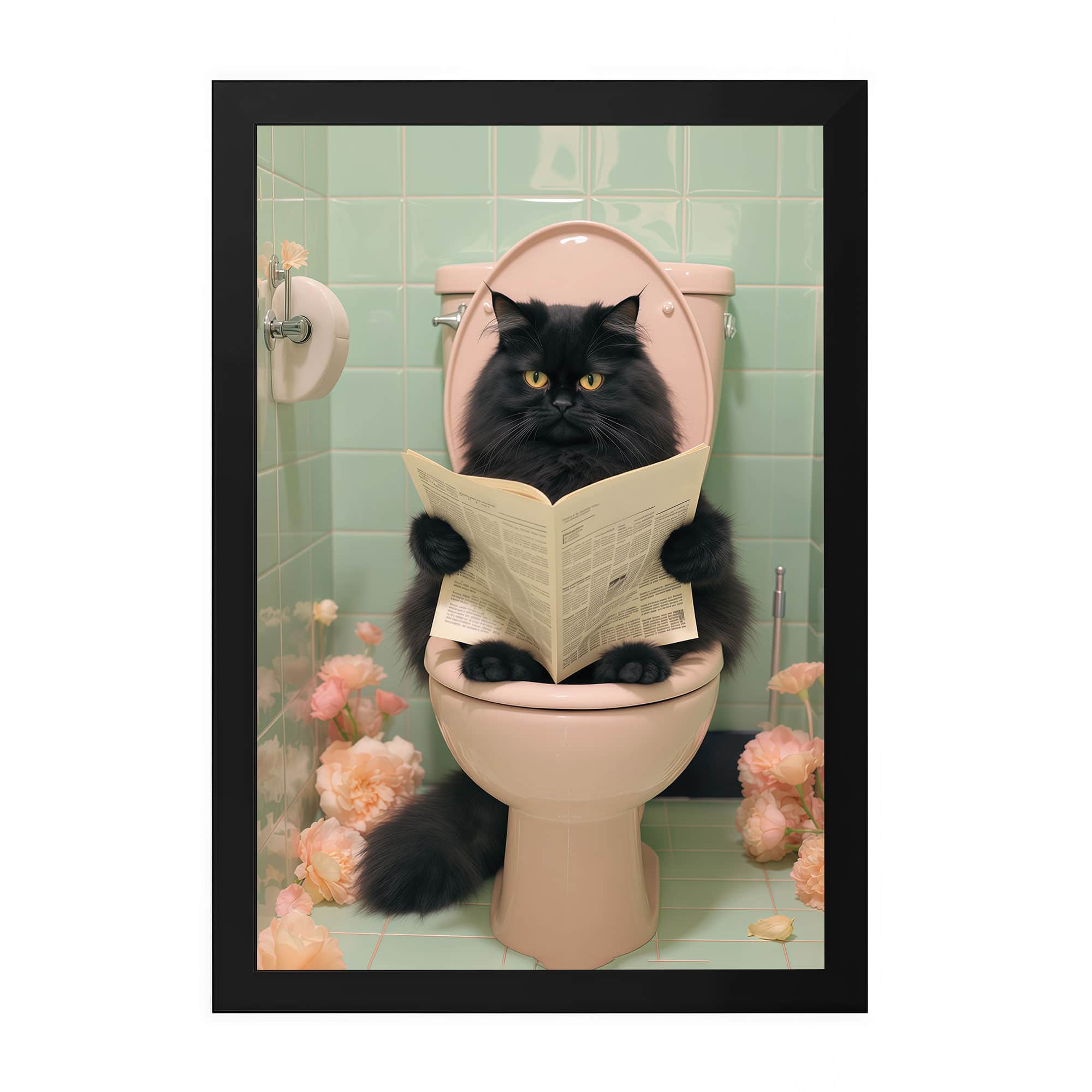 The Castle Decor Funny Black Cat Reading Newspaper Bathroom Wall Art 8x12 Inch - The Castle Decor