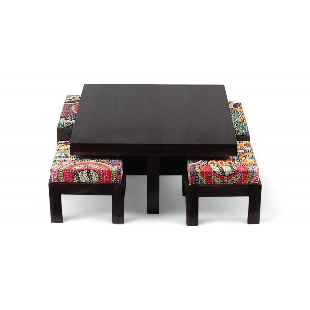 Blane Sheesham Wood Coffee Table With 4 Stools Set In Mahogany Finish & Multi Colour Israel Print Kantha Fabric Cushions