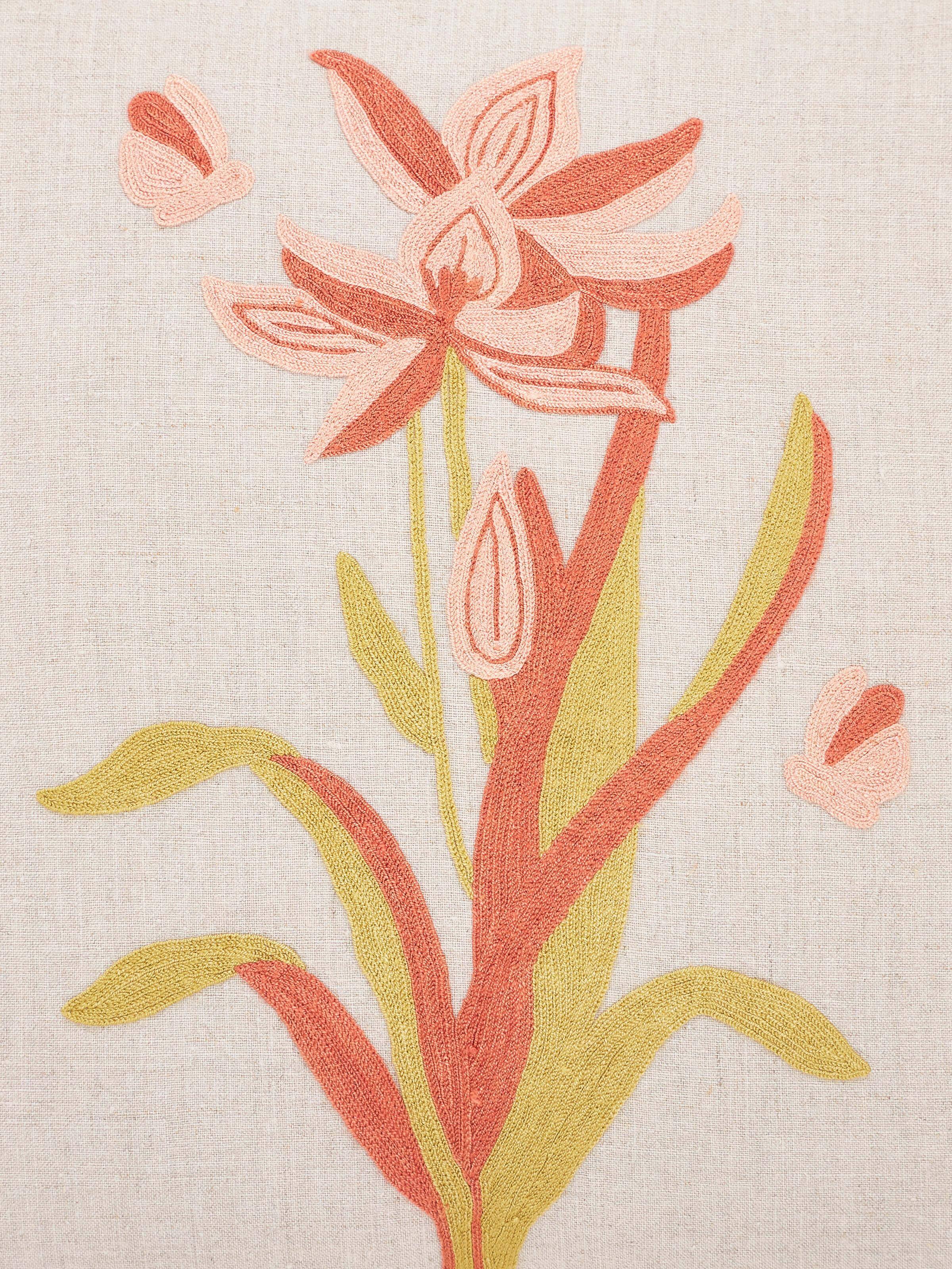 Mansur Peach Tulip Linen Kashmir Chain Stitch Hand Embroidery Cushion Cover