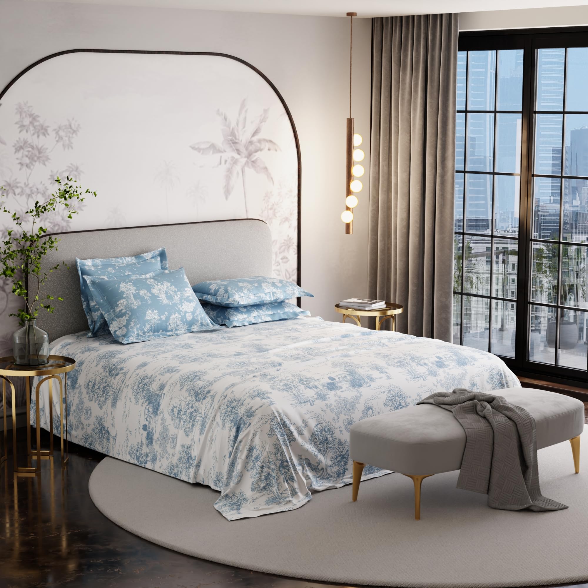 Stoa Paris Super King Size Cotton Bedsheet with 4 Pillow Covers  Size Snow Flower Blue - Stoa Paris